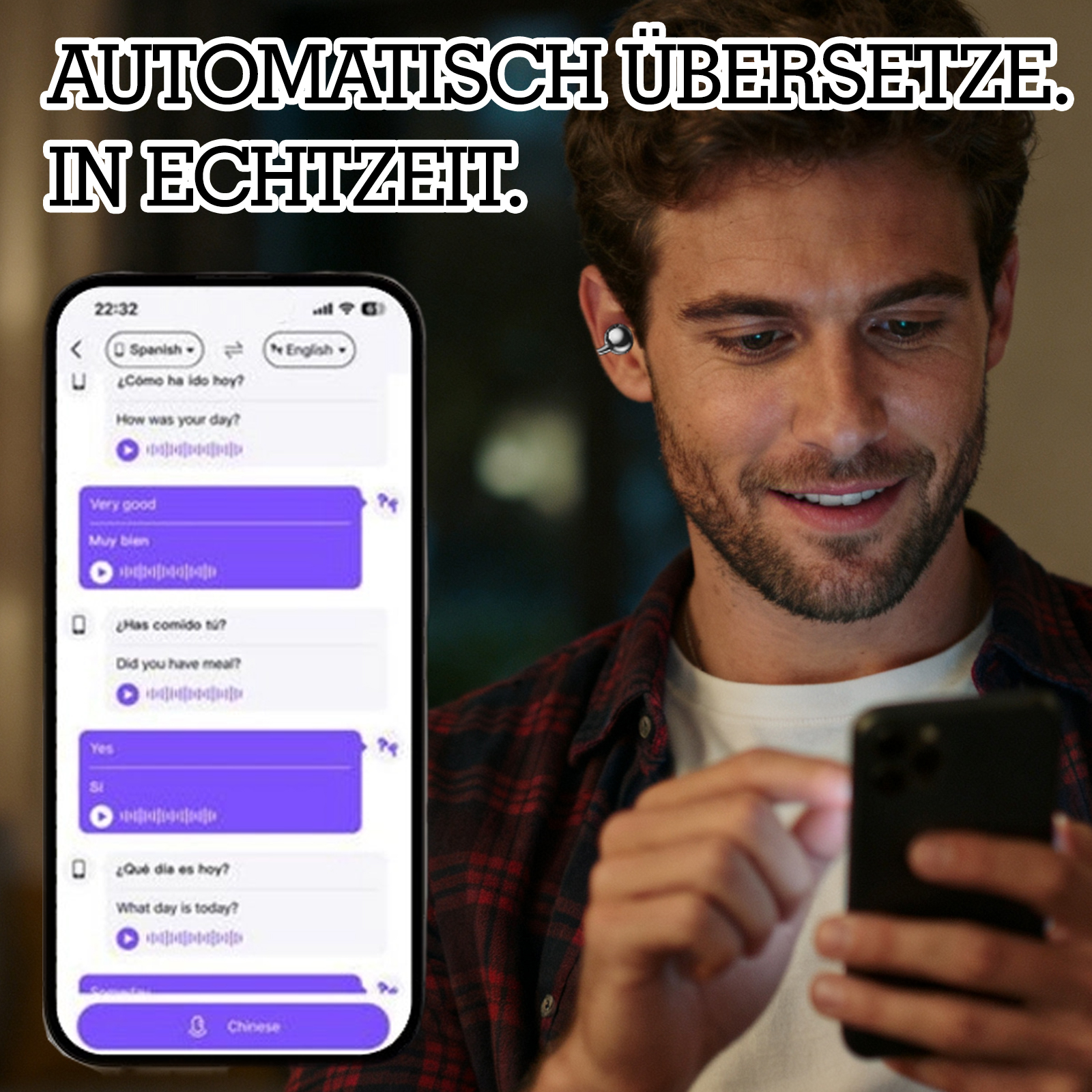 Ein Mann benutzt ein Telefon mit einer Übersetzungs-App. Oben steht 'AUTOMATISCH ÜBERSETZE. IN ECHTZEIT'. Ein Bildschirm zeigt Übersetzungen.