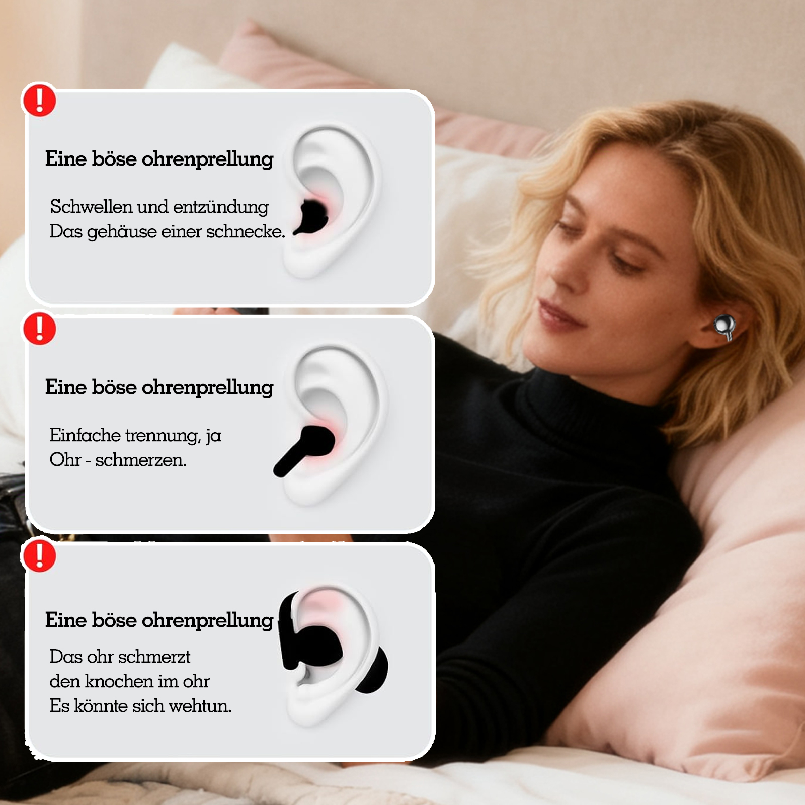 Das Bild zeigt Ohrendiagramme mit Text über Ohrverletzungen. Eine Frau mit Ohrhörern ruht auf einem Bett.