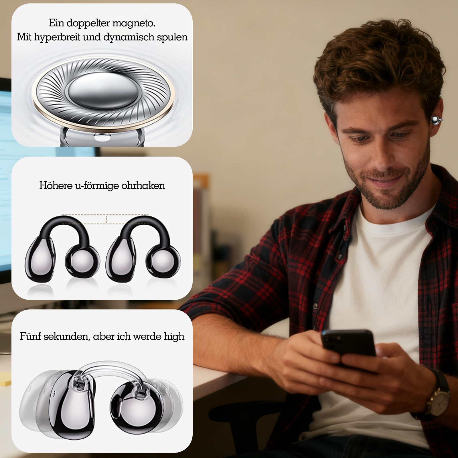 Ein Mann in einem rot karierten Hemd schaut auf sein Telefon. Kopfhörer und Diagramme von Kopfhörern werden ebenfalls gezeigt.