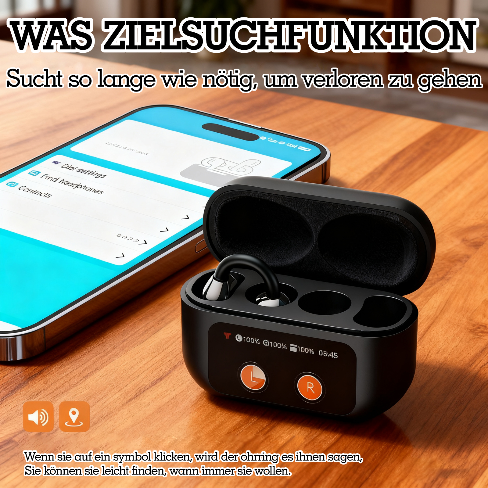 Schwarzes Ohrhörer-Etui, Telefon mit Einstellungen, Ohrhörer, Text auf Deutsch. Holztisch.