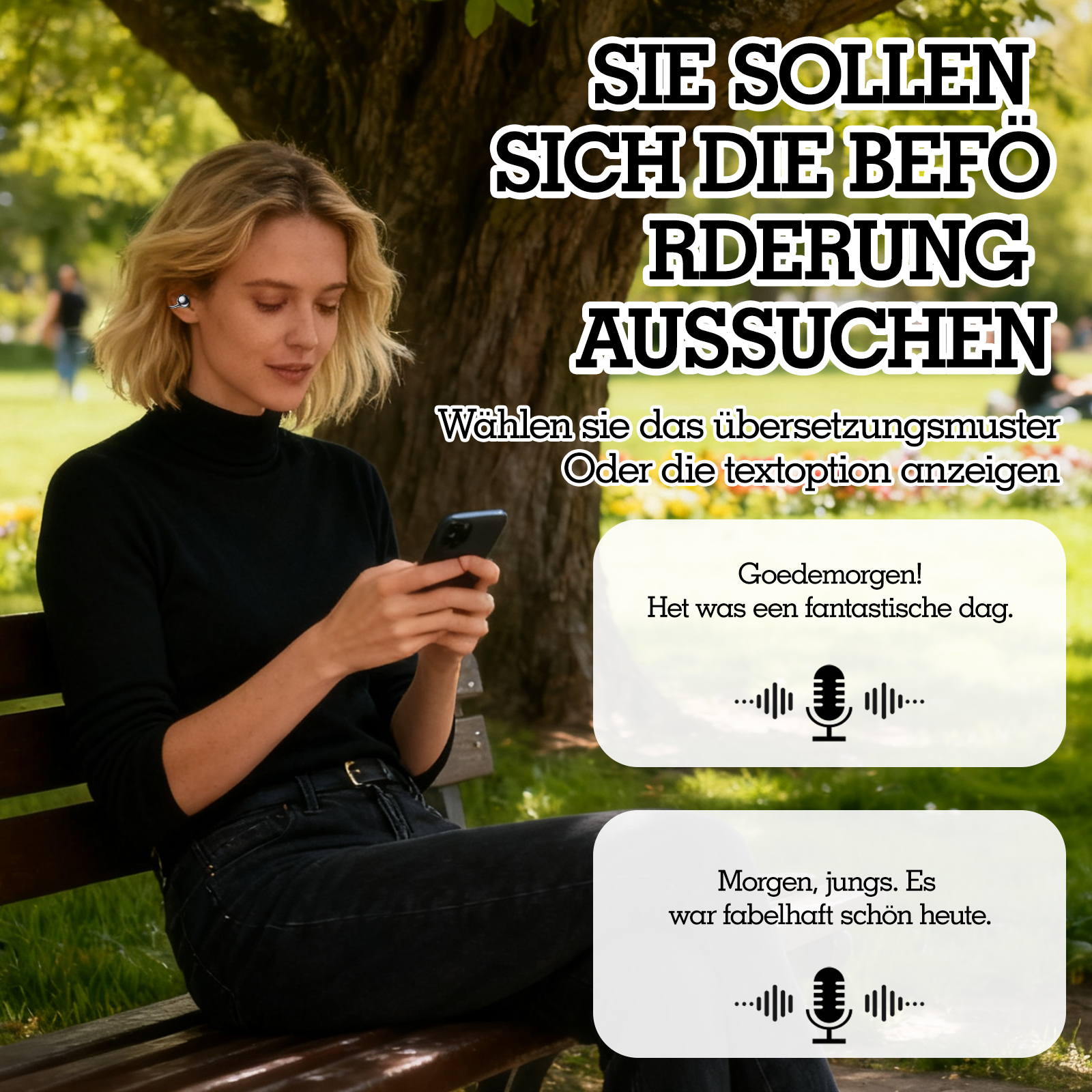 Eine Frau benutzt ein Telefon im Sitzen. Text auf Deutsch steht über ihr, mit Sprechblasen darunter.