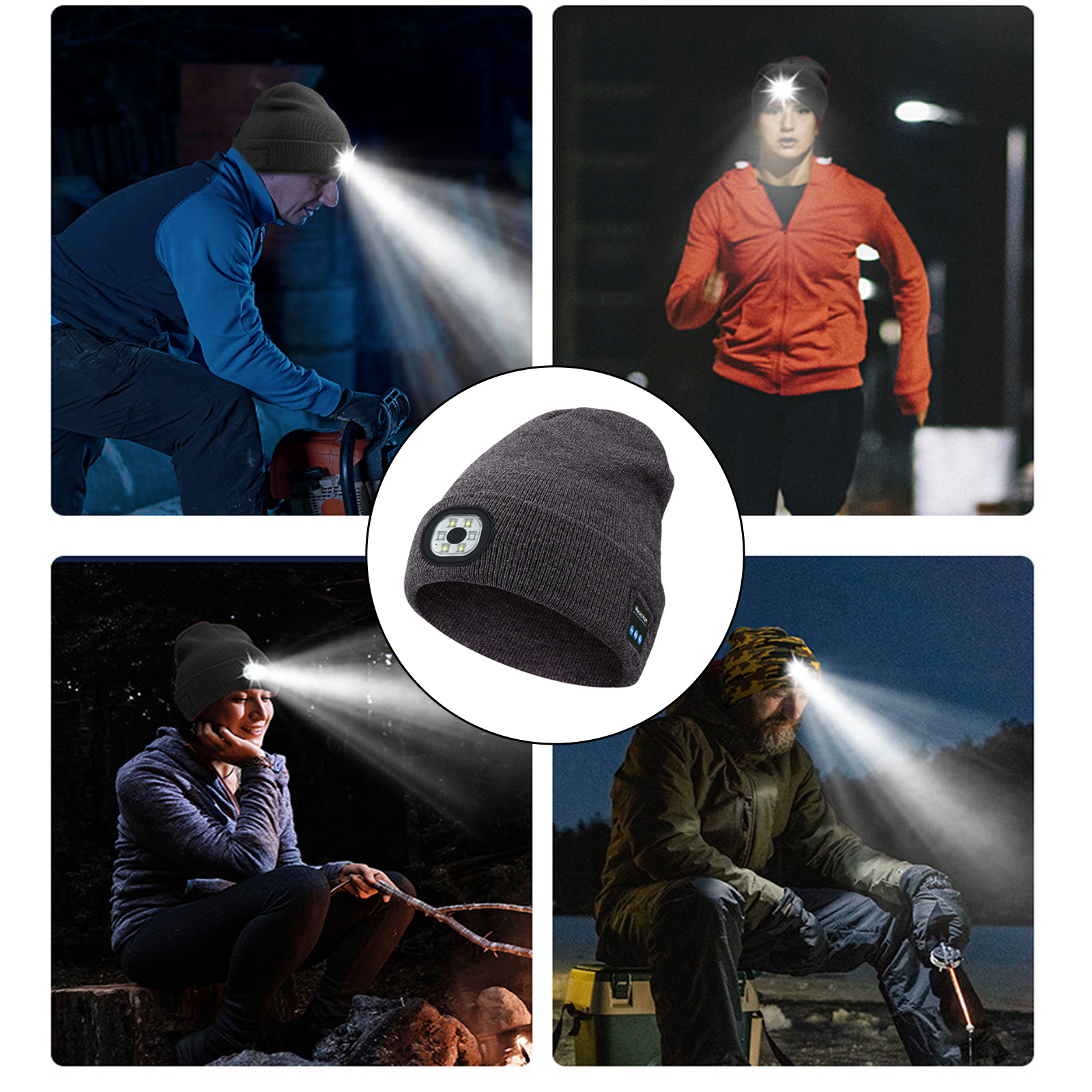 Vier Bilder zeigen Menschen mit einer Mütze mit Licht. Sie befinden sich in verschiedenen Umgebungen, einschließlich Laufen und Outdoor-Aktivitäten.