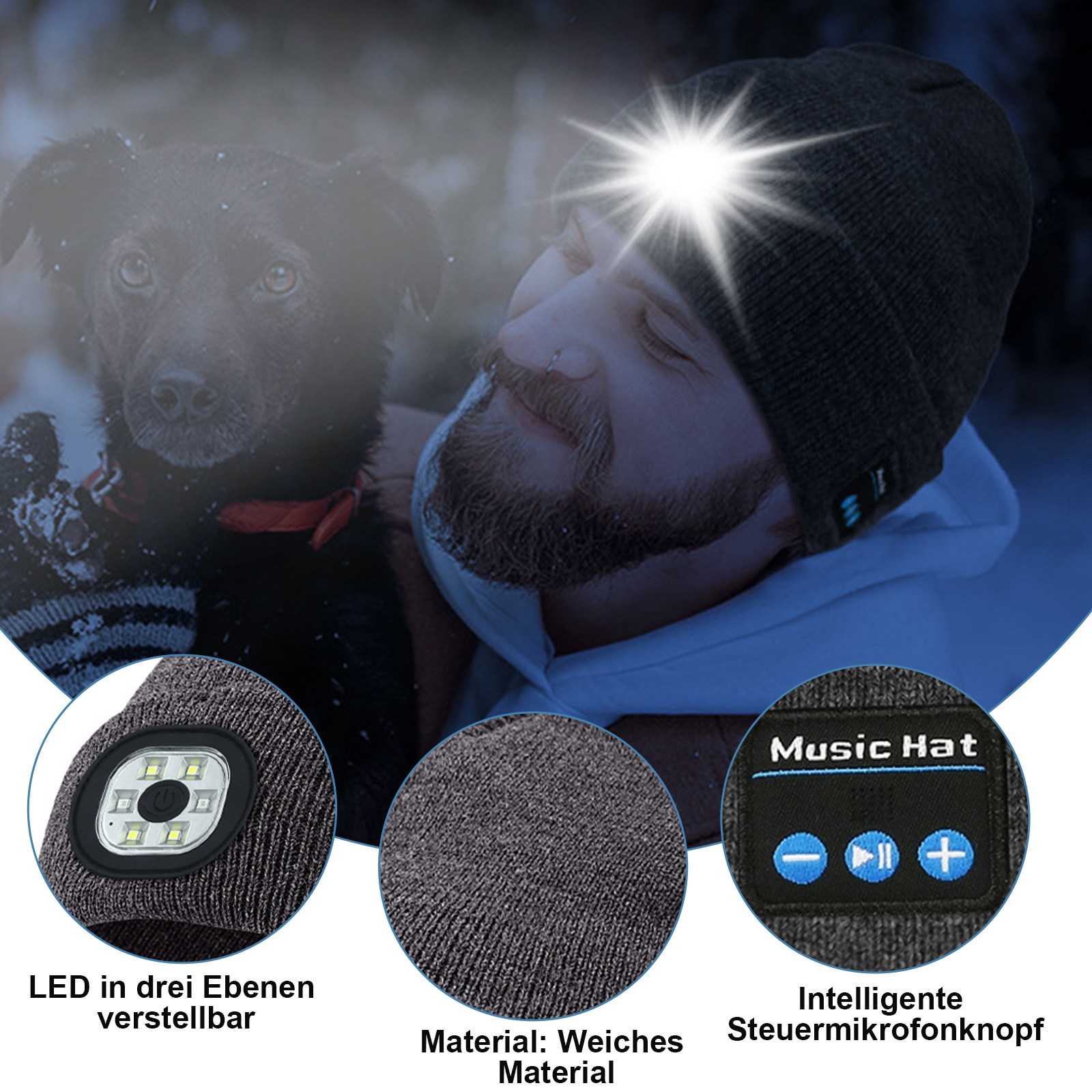 Ein Mann mit Mütze und Licht und ein Hund. Mütze: LED, weiches Material und Steuertasten.