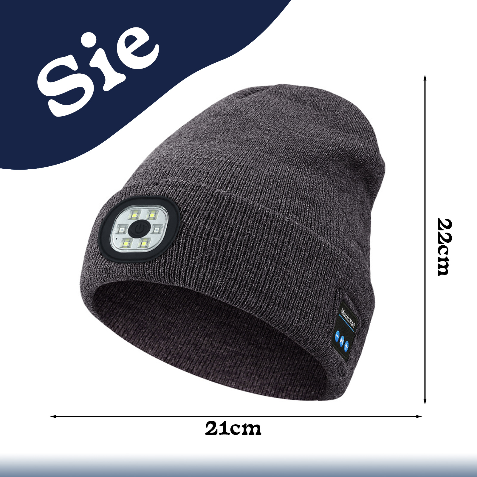 Graue Strickmütze mit Frontlicht und Bluetooth-Bedienelementen. Abmessungen: 21 cm x 22 cm.