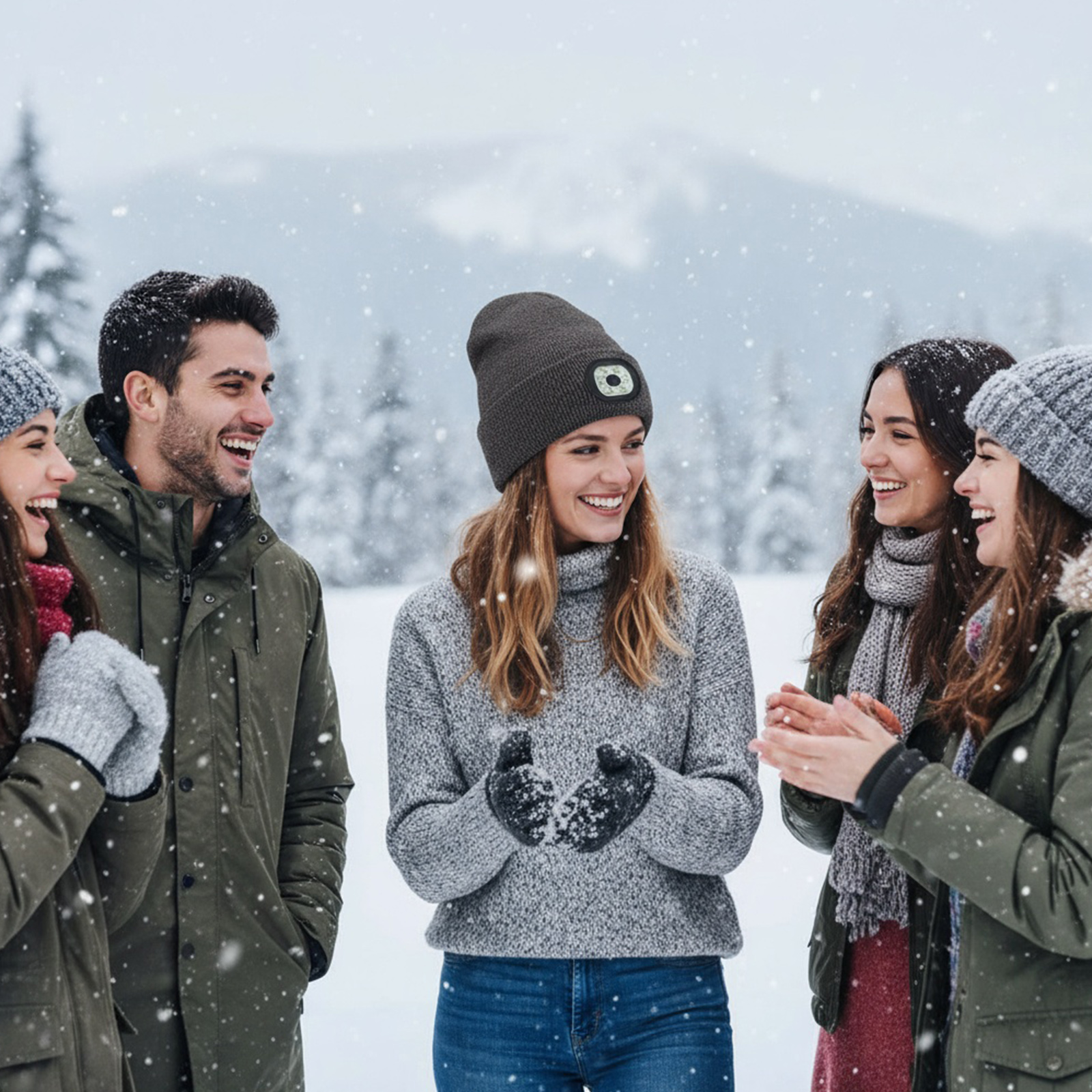Freundesgruppe in Winterkleidung, die im Schnee lacht. Einer trägt eine Mütze mit Licht.