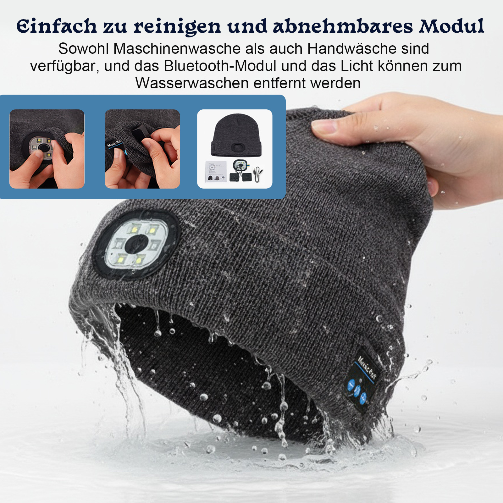 Graue Mütze mit Licht und Wasserspritzern. Sie hat ein abnehmbares Licht und Bluetooth-Modul.