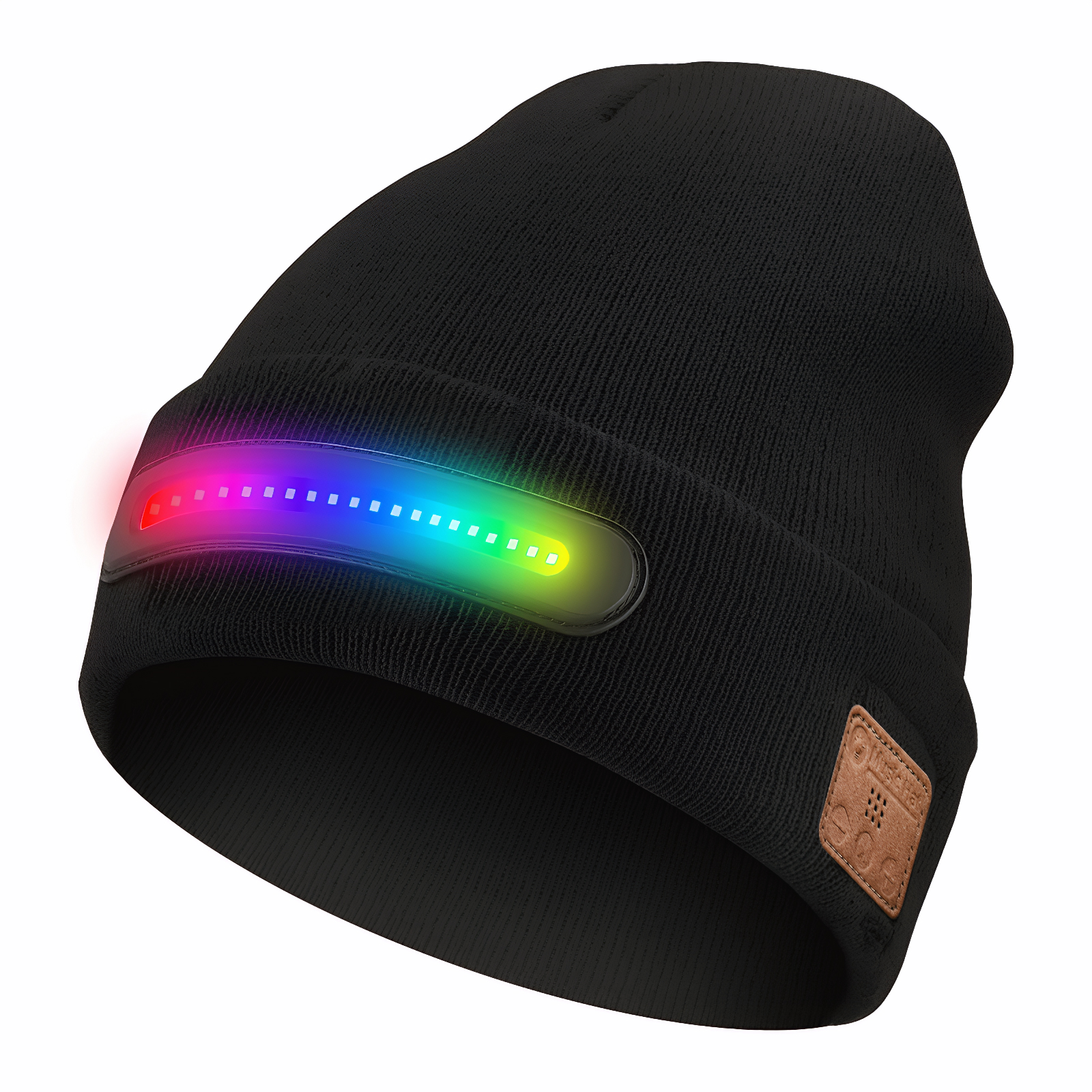 Schwarze Mütze mit Regenbogen-LED-Lichtleiste und einem braunen Aufnäher. Die Lichtleiste hat mehrere Farben.