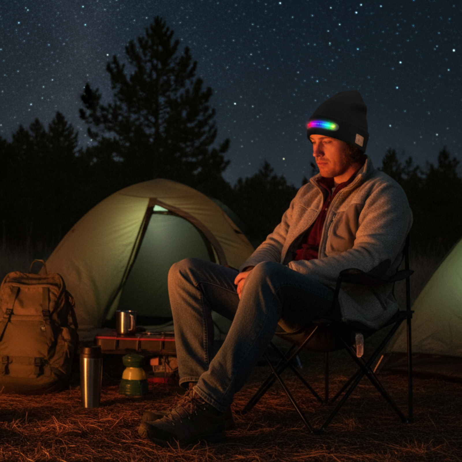Mann mit Mütze mit Licht sitzt nachts auf einem Campingplatz. Zelte, Rucksack und Sternenhimmel sind sichtbar.