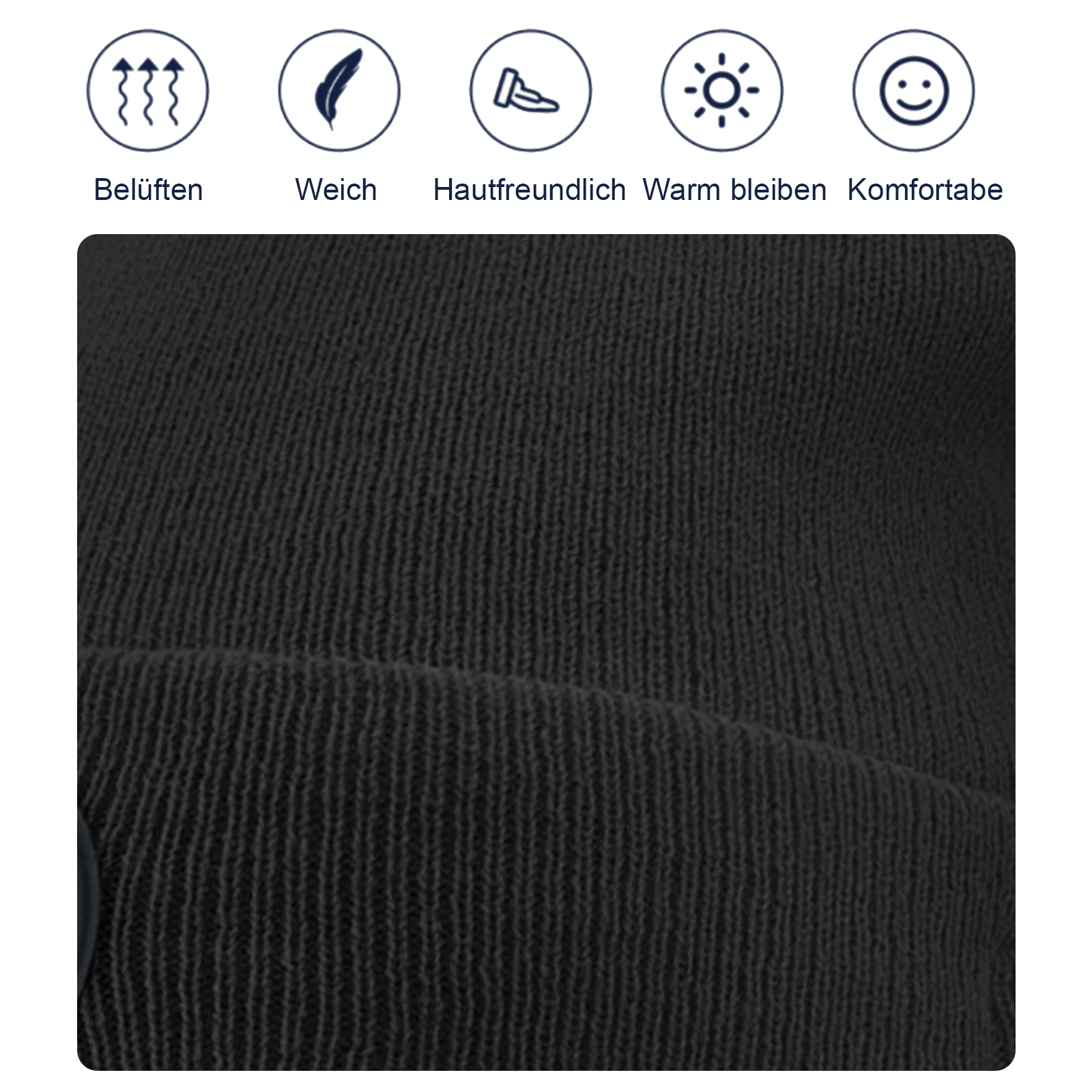 Nahaufnahme einer schwarzen Strickmütze. Oben befinden sich Symbole für Belüftung, Weichheit, Hautfreundlichkeit, Wärme und Komfort.
