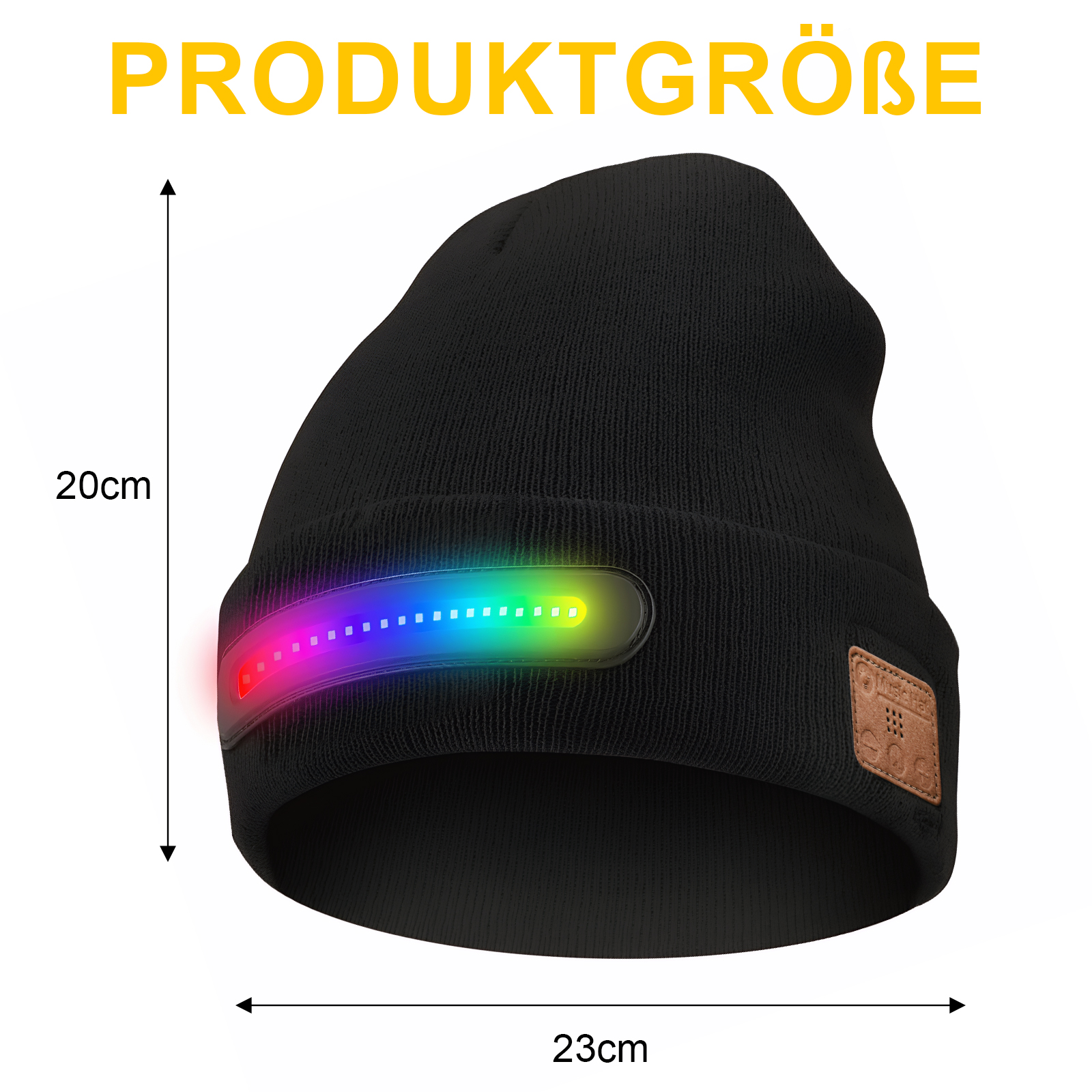 Schwarze Mütze mit buntem LED-Lichtstreifen. Abmessungen: 20 cm Höhe, 23 cm Breite. Ein Lederaufnäher ist sichtbar.