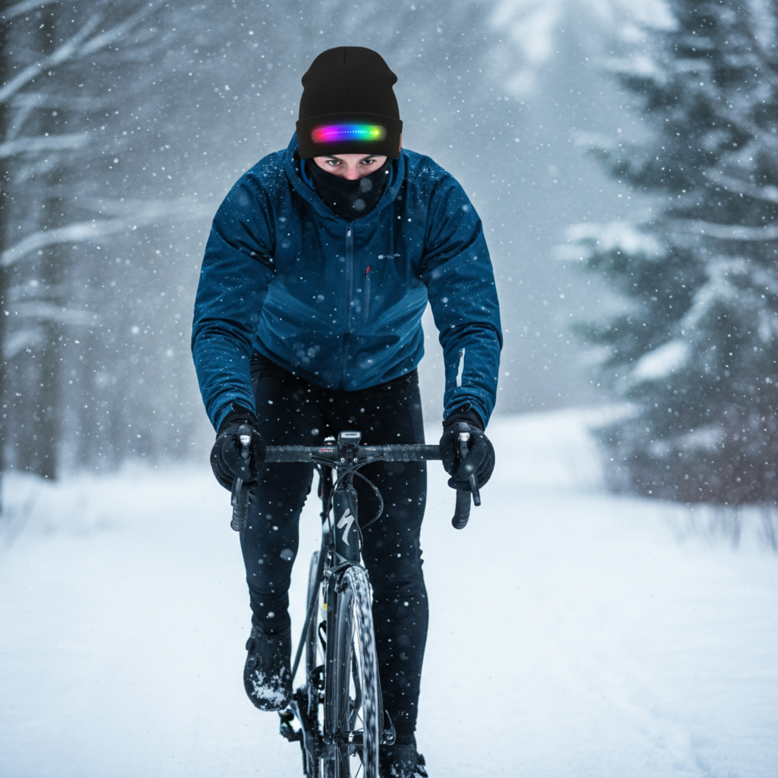Radfahrer in Winterkleidung fährt mit dem Fahrrad auf einem verschneiten Weg. Er trägt eine Mütze mit Lichtleiste.