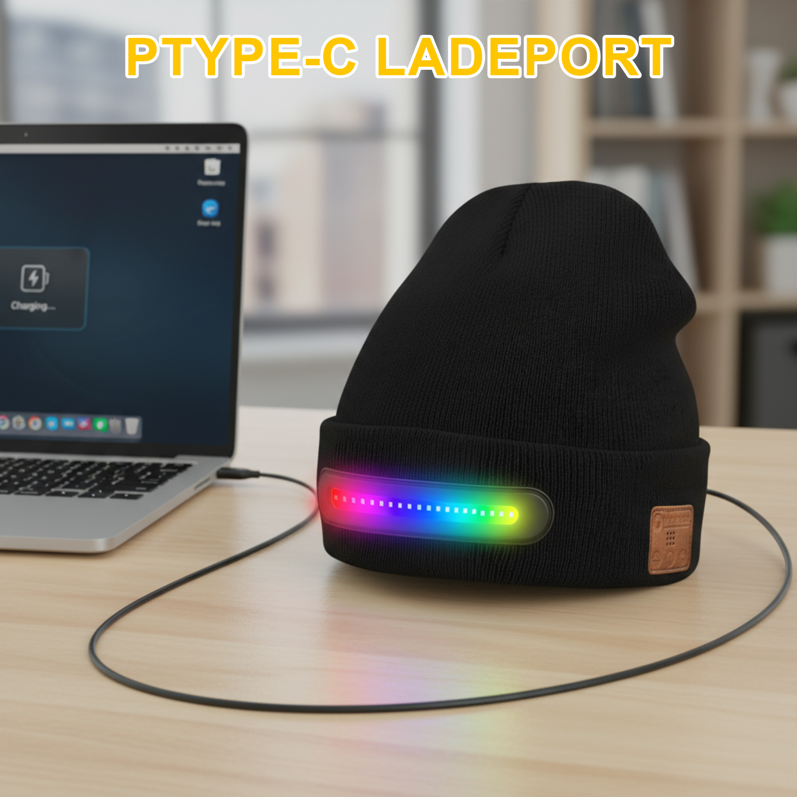 Eine schwarze Mütze mit farbigem Lichtstreifen ist über ein Kabel mit einem Laptop verbunden. Der Laptop zeigt ein Ladesymbol.