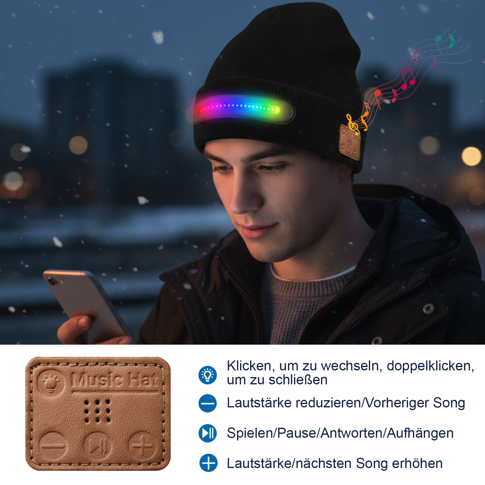 Mann mit schwarzer Mütze und farbigem LED-Licht, hält ein Telefon und zeigt Musiknoten.
