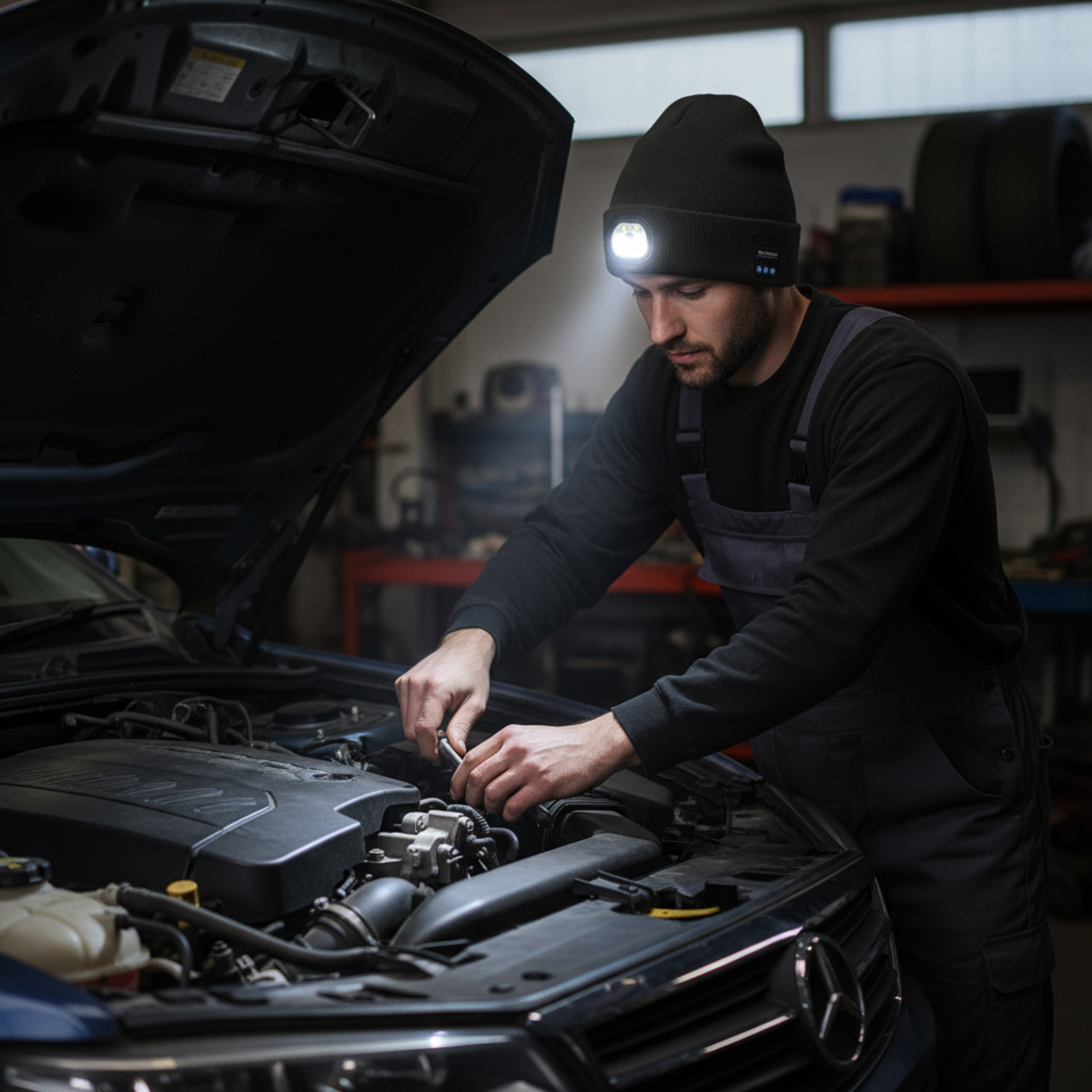 Ein Mechaniker mit Mütze und Licht repariert einen Automotor. Die Motorhaube ist offen und gibt die Teile frei.
