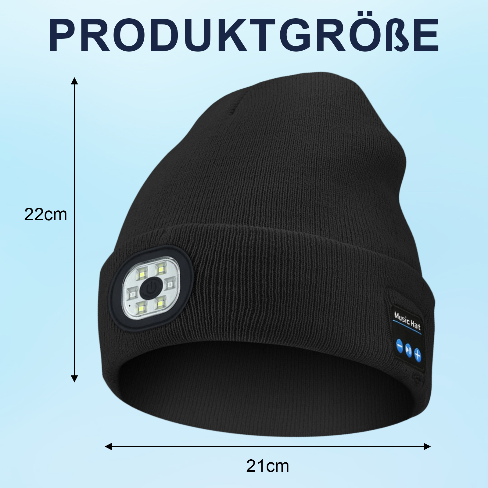 Schwarze Mütze mit integriertem Licht und Musiksteuerung. Maße: 22 cm hoch, 21 cm breit. Text auf der Mütze: Music Hat.