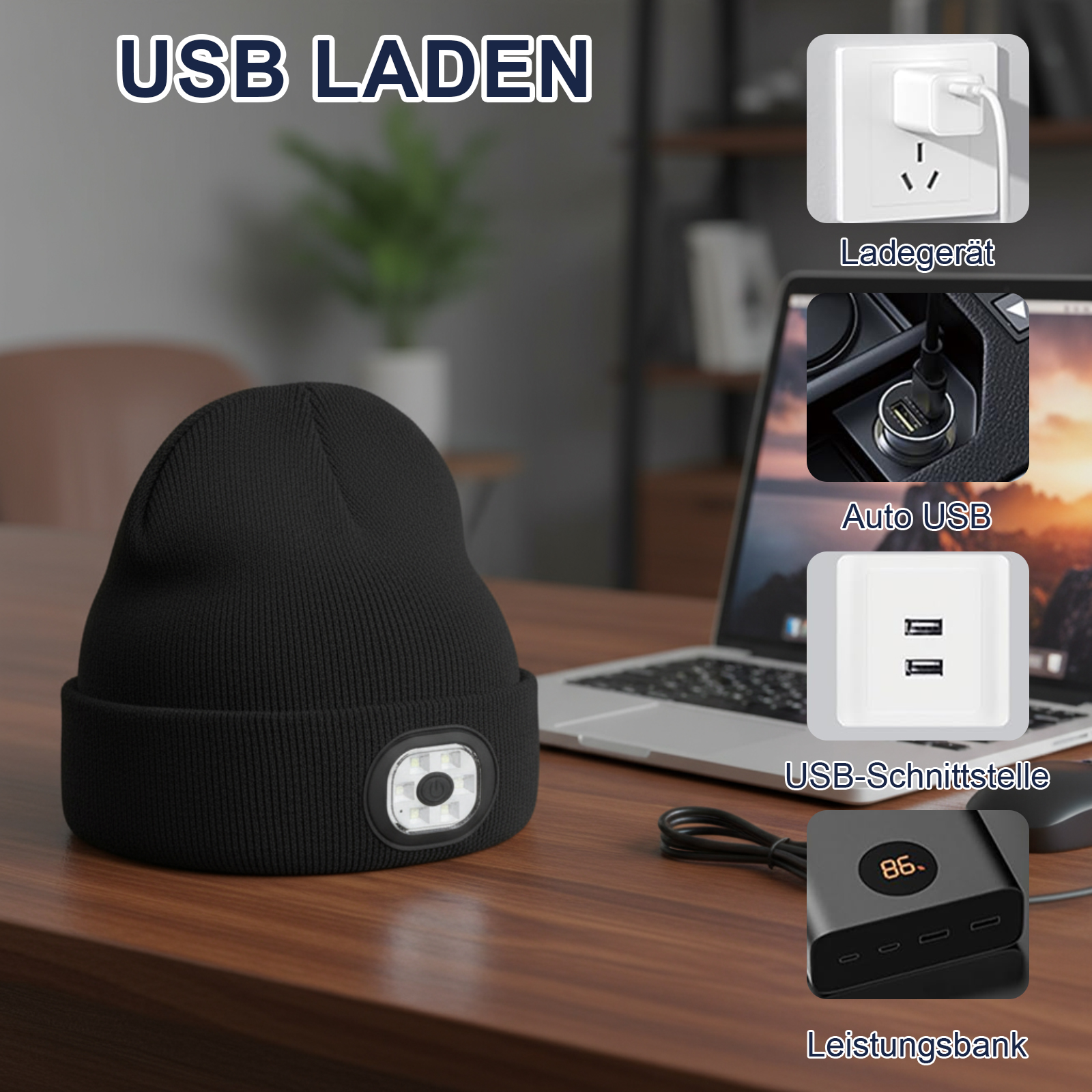 Schwarze Mütze mit Licht, gezeigt mit Ladeoptionen: Steckdose, Auto-USB, USB-Anschlüsse und Powerbank.