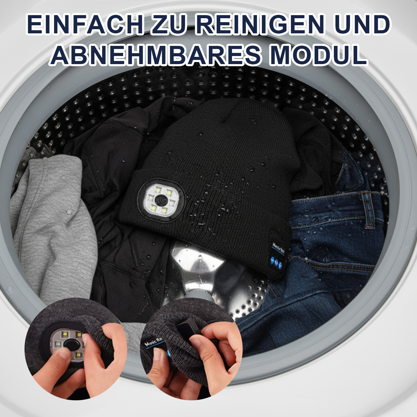 Eine schwarze Mütze mit Licht liegt in einer Waschmaschine mit Kleidung. Der Text sagt, dass sie leicht zu reinigen ist.