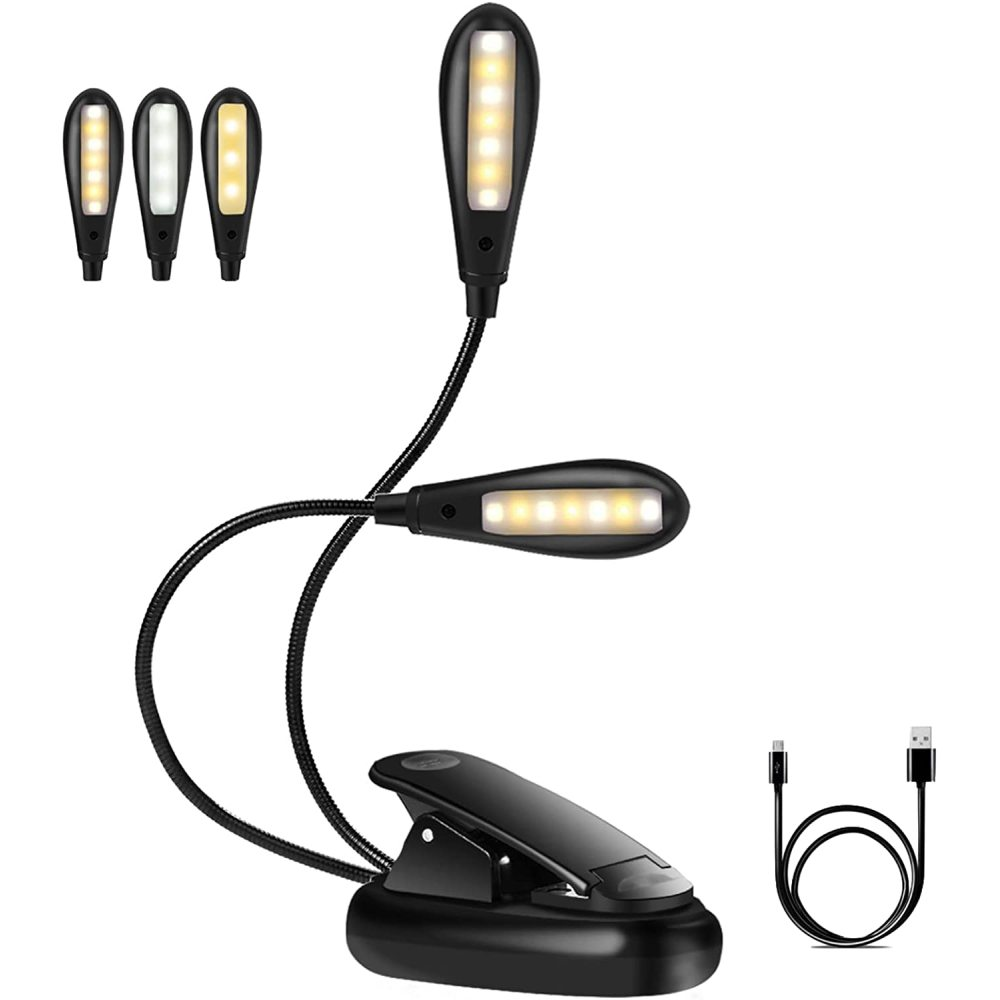 Eine schwarze LED-Leselampe mit zwei verstellbaren Köpfen und einem Clip. Ein USB-Kabel befindet sich unten rechts. Drei zusätzliche Lichter sind abgebildet.