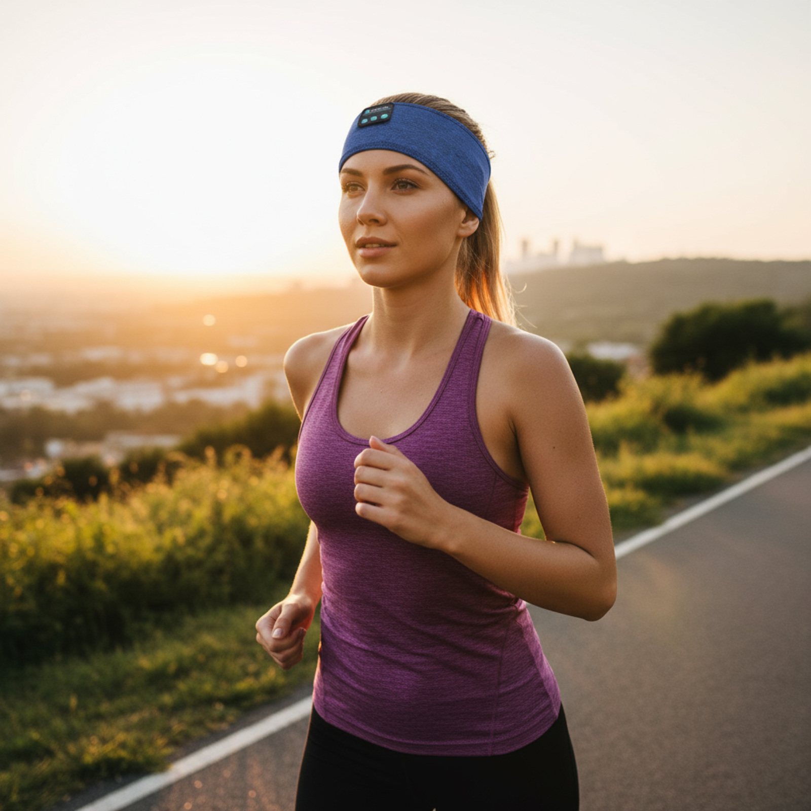 Eine Frau joggt bei Sonnenuntergang auf einer Straße. Sie trägt ein blaues Stirnband, ein lila Oberteil und schwarze Leggings.
