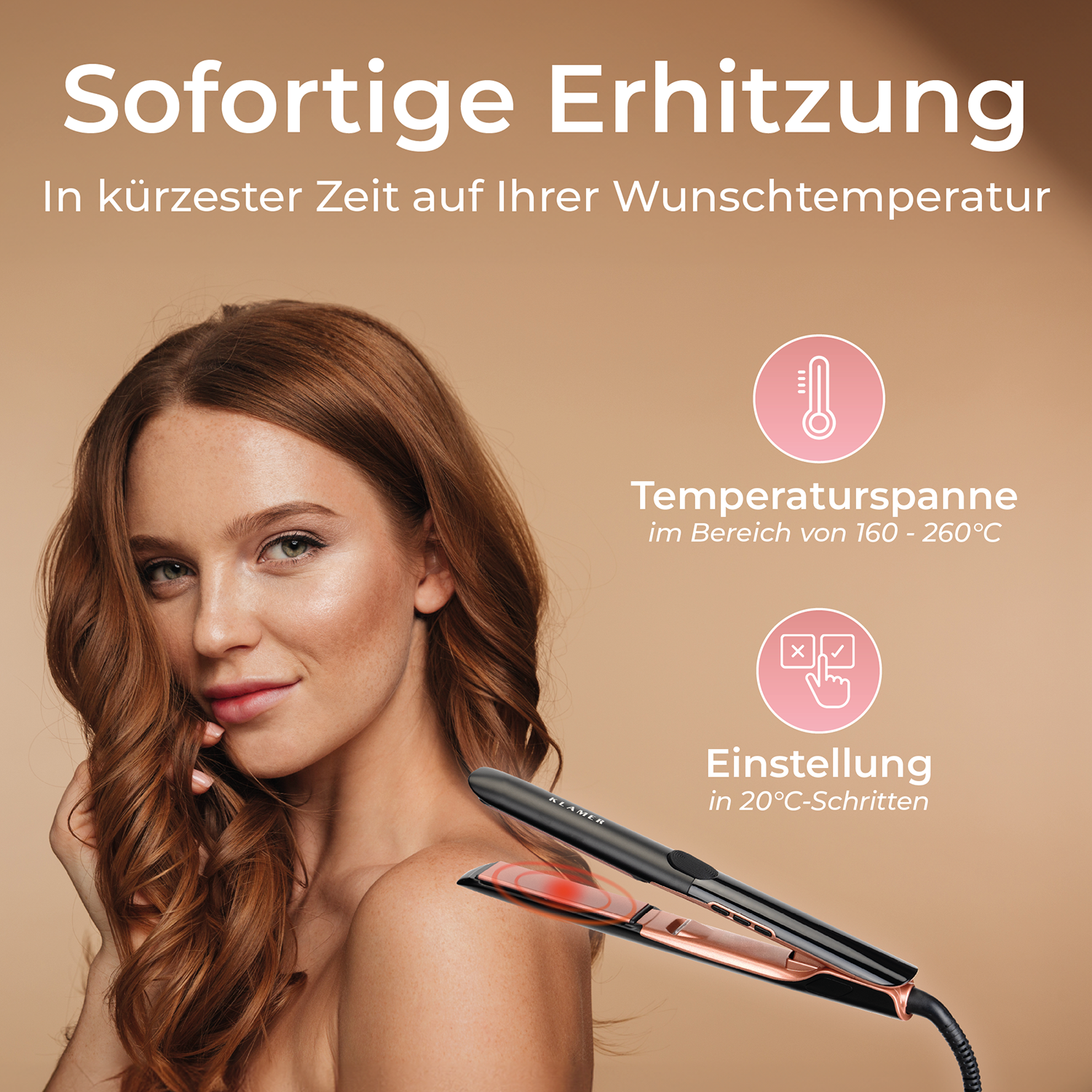 Frau mit rotem Haar und einem Glätteisen. Der Text lautet 'Sofortiges Erhitzen' und Temperaturbereich. Das Glätteisen ist schwarz und roségold.