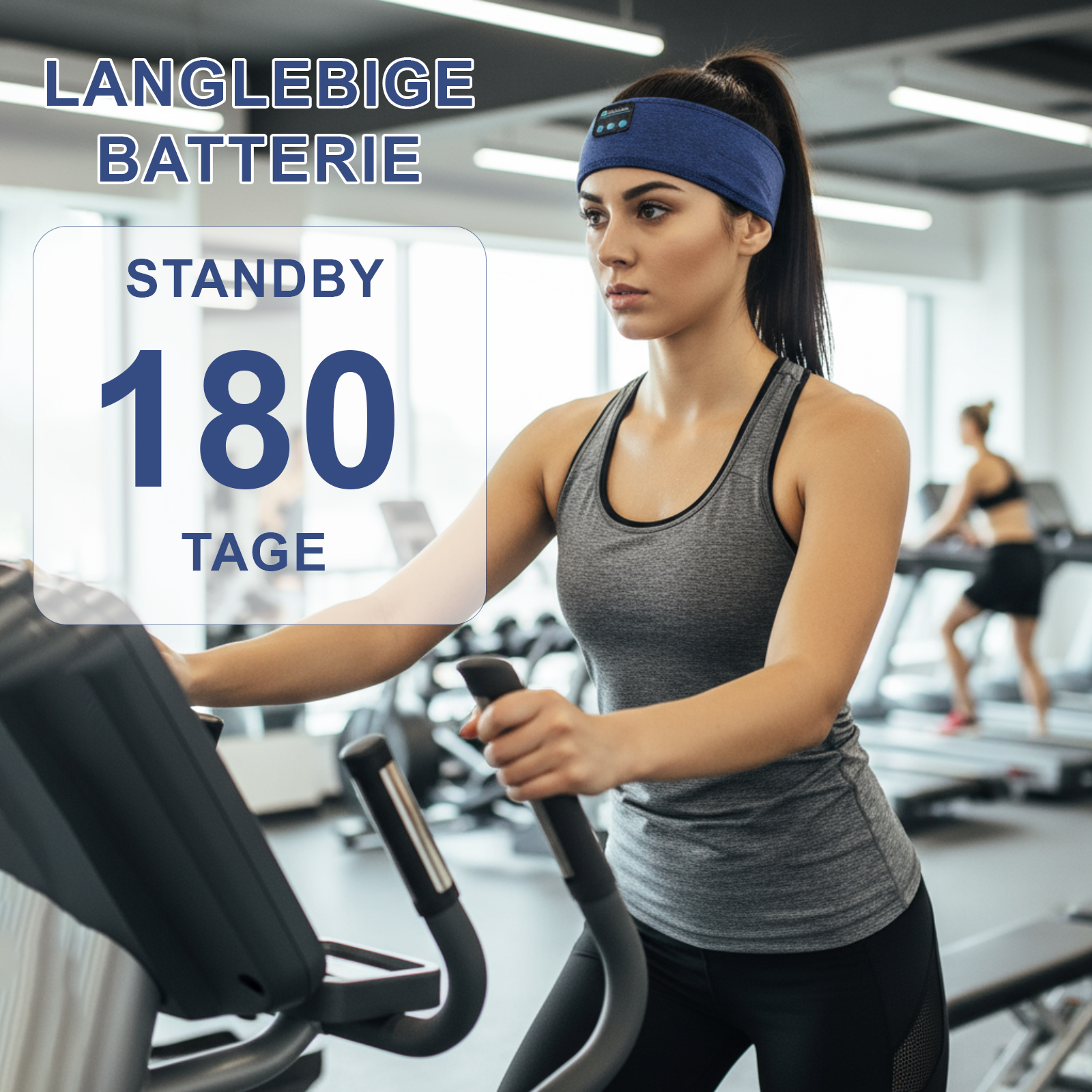 Frau auf dem Heimtrainer mit Stirnband im Fitnessstudio. Text: '180 Tage Standby-Batterie'.