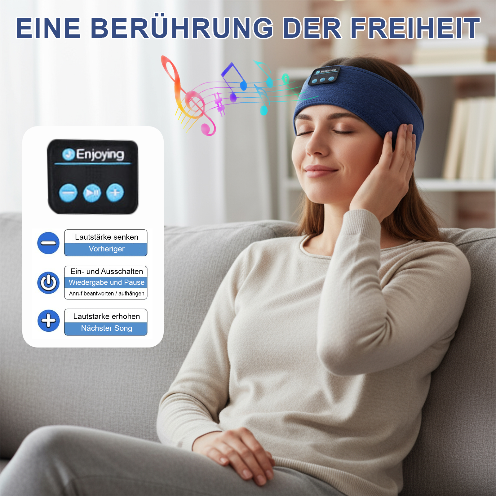 Frau mit blauem Stirnband, Augen geschlossen, hört Musik. Noten über dem Kopf. Knöpfe links.
