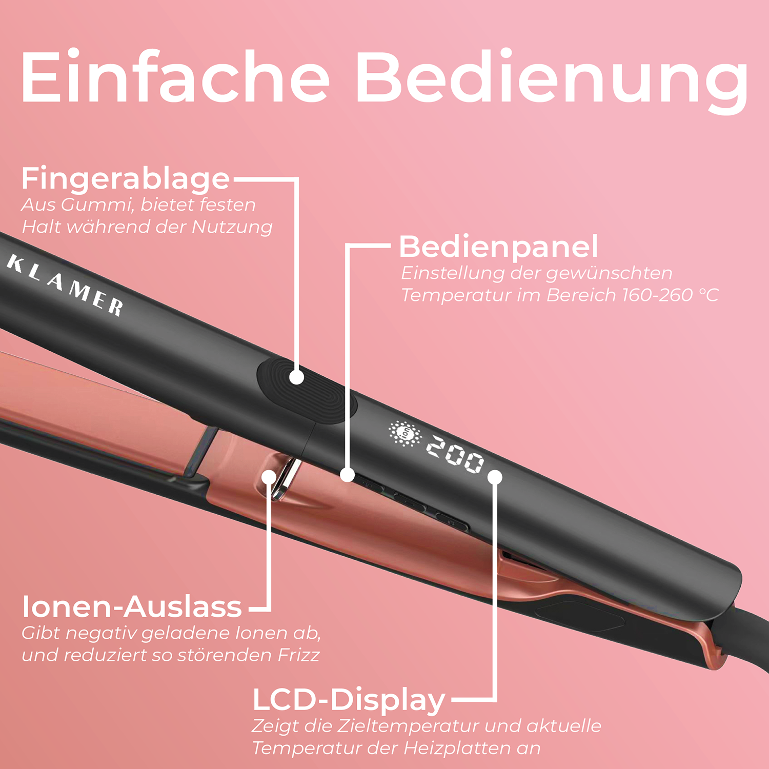Ein schwarzes und roségoldenes Glätteisen mit LCD-Anzeige, die 200 Grad anzeigt. Textkennzeichnungen weisen auf Funktionen wie Fingerauflage und Ionenauslass hin.