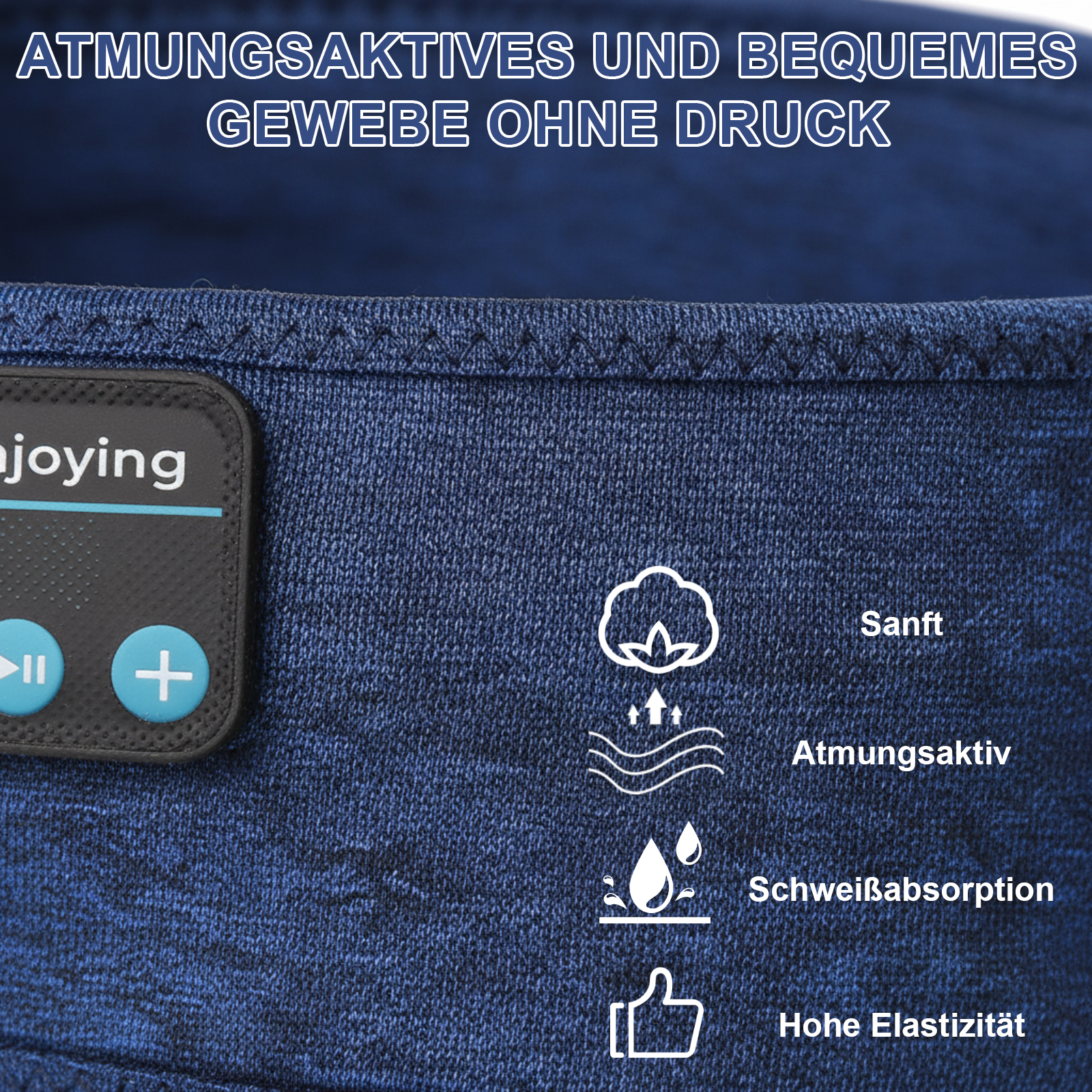 Nahaufnahme eines blauen Stoffes mit weißen Symbolen. Text enthält 'weich', 'atmungsaktiv', 'Schweißabsorption'.