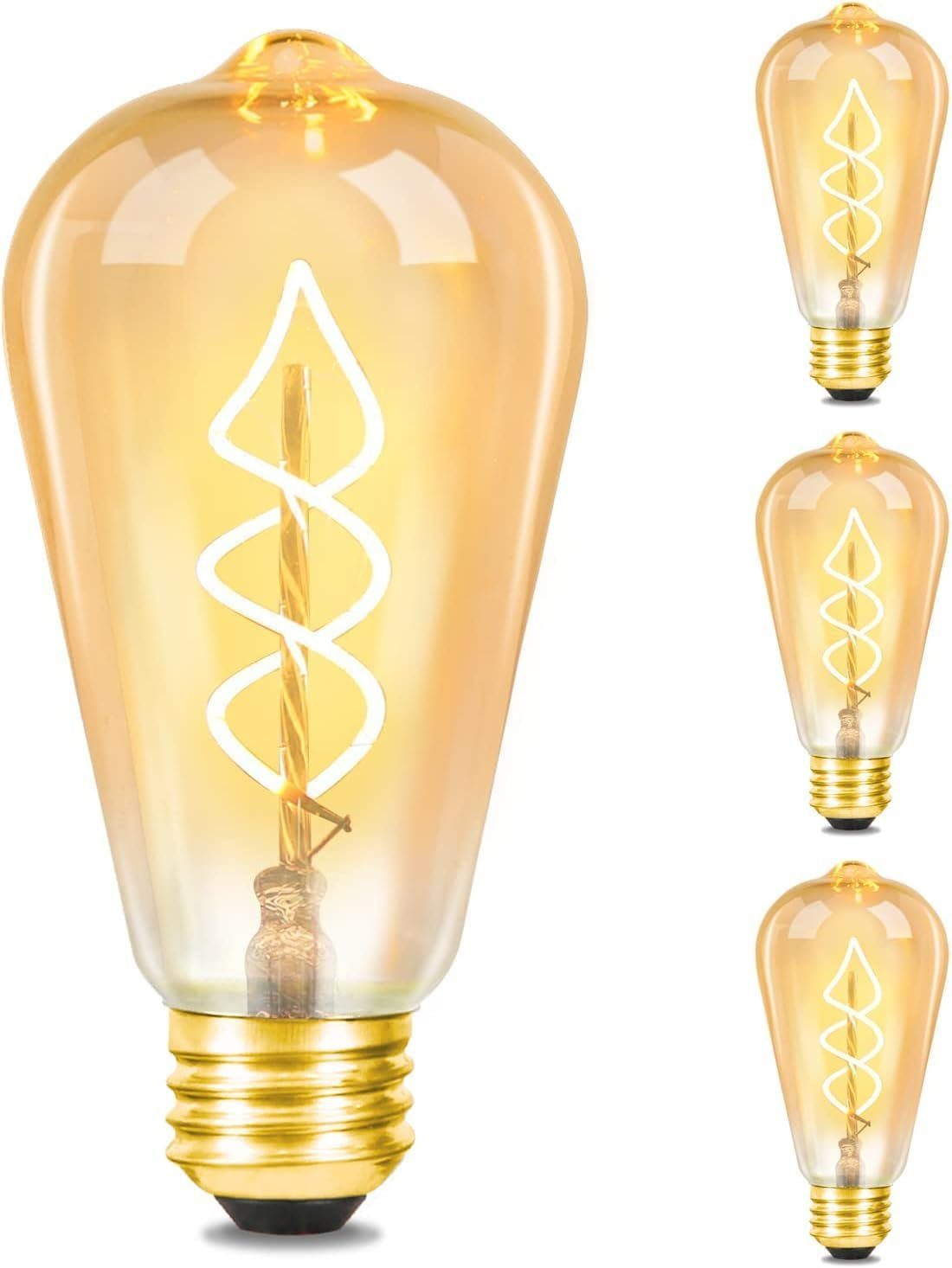 Diverse lampadine vintage. Una lampadina grande a sinistra, tre più piccole a destra. Tutte hanno base dorata e filamento bianco.