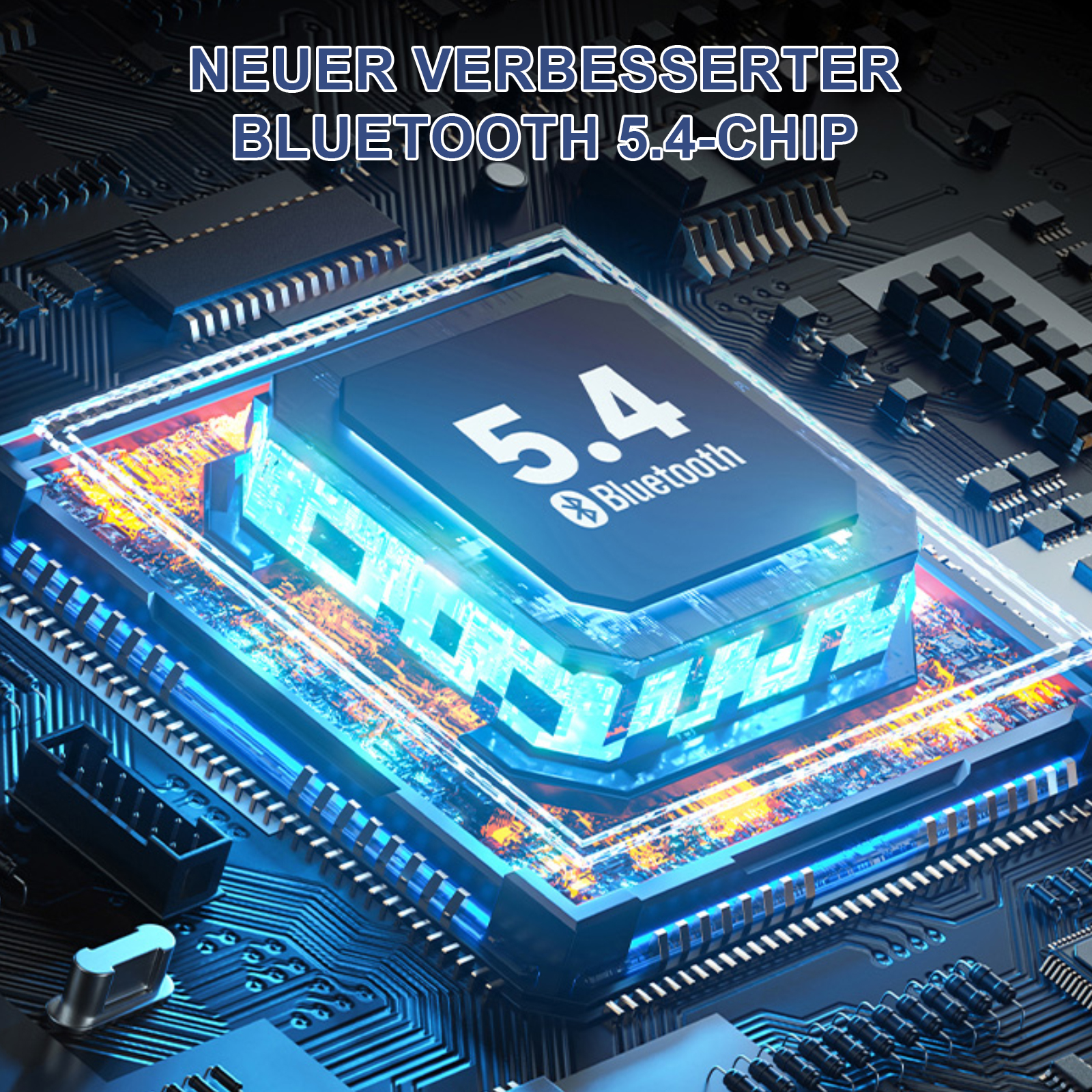 Bild eines Bluetooth 5.4-Chips auf einer Leiterplatte mit blauen und orangen Glanzlichtern und Text oben.