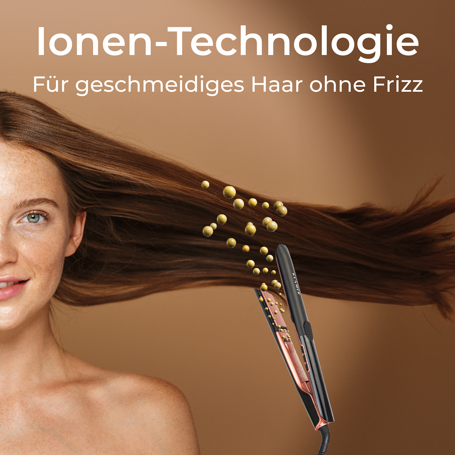 Frau mit langen braunen Haaren, halbes Gesicht sichtbar. Haarglätter im Vordergrund. Hintergrund ist ein brauner Farbverlauf.