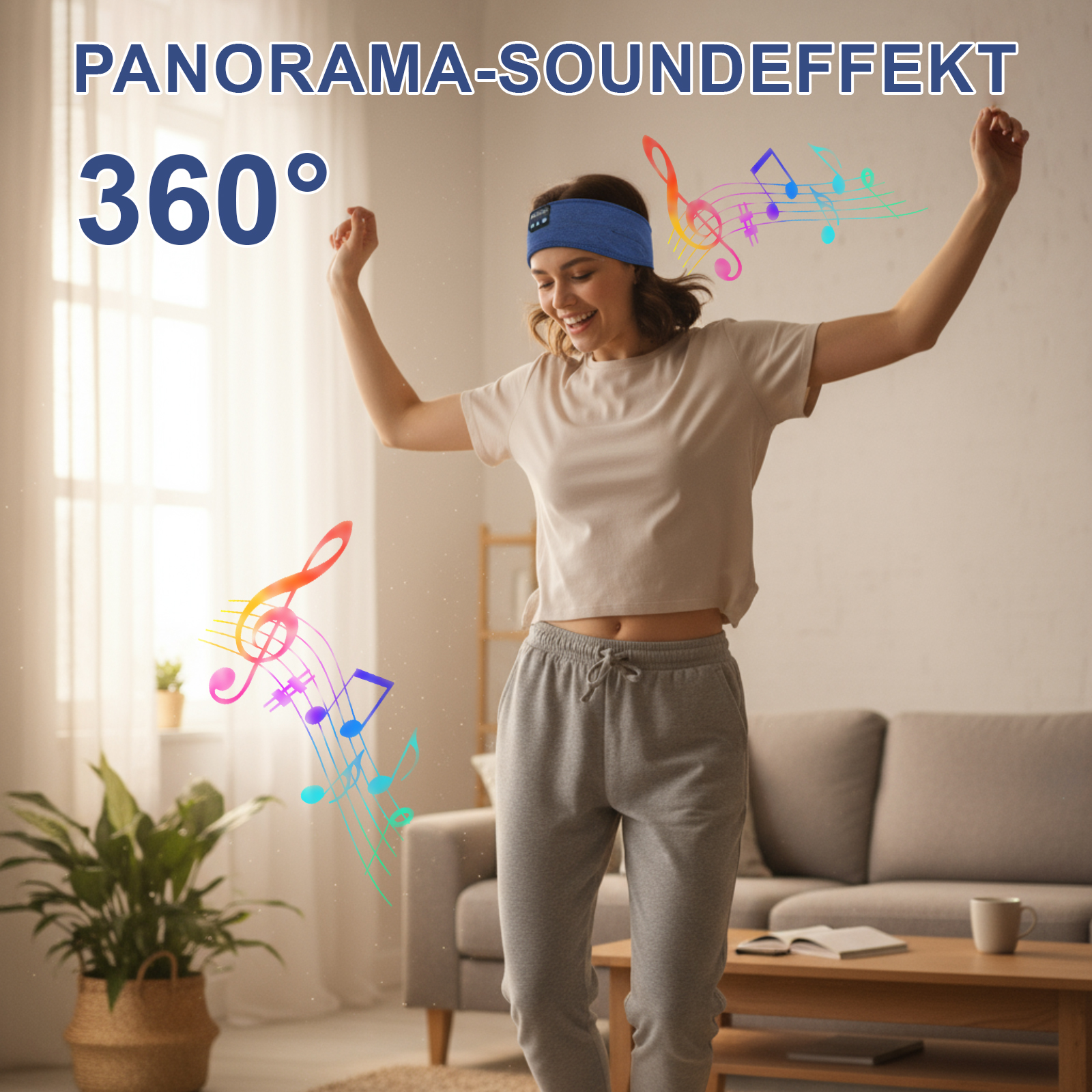 Eine Frau tanzt mit erhobenen Armen und trägt ein Stirnband. Musiknoten schweben um sie herum. Das Bild hat Textüberlagerung.