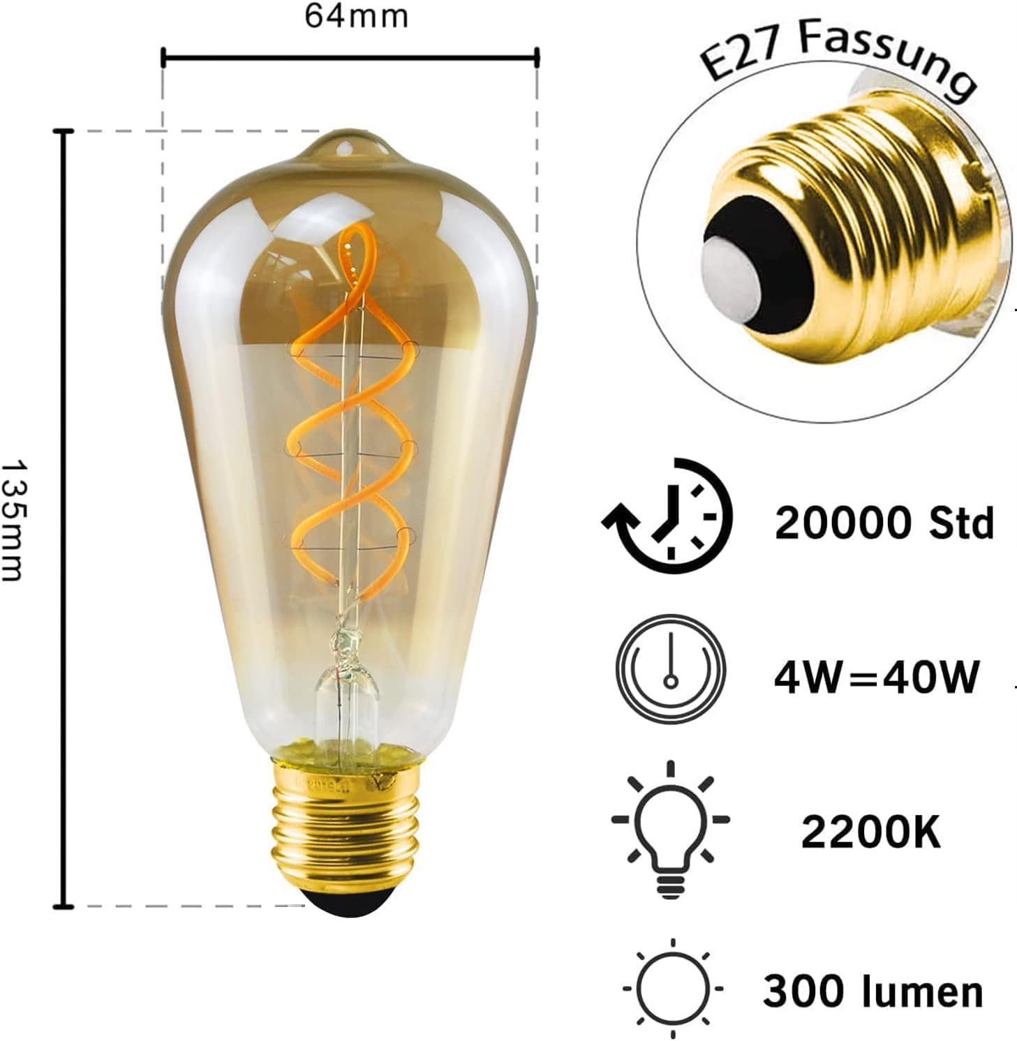 Una lampadina LED in stile vintage. Vetro ambrato con filamento a spirale. Specifiche: 20000h, 4W=40W, 2200K e 300 lumen.
