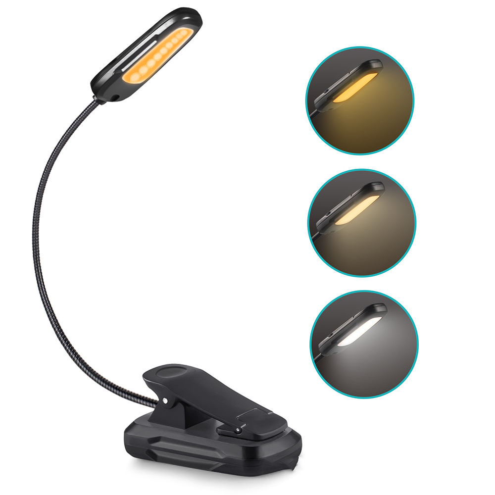 Eine schwarze LED-Clip-On-Leselampe mit einstellbaren Helligkeitseinstellungen. Drei kreisförmige Einsätze zeigen verschiedene Lichttöne.