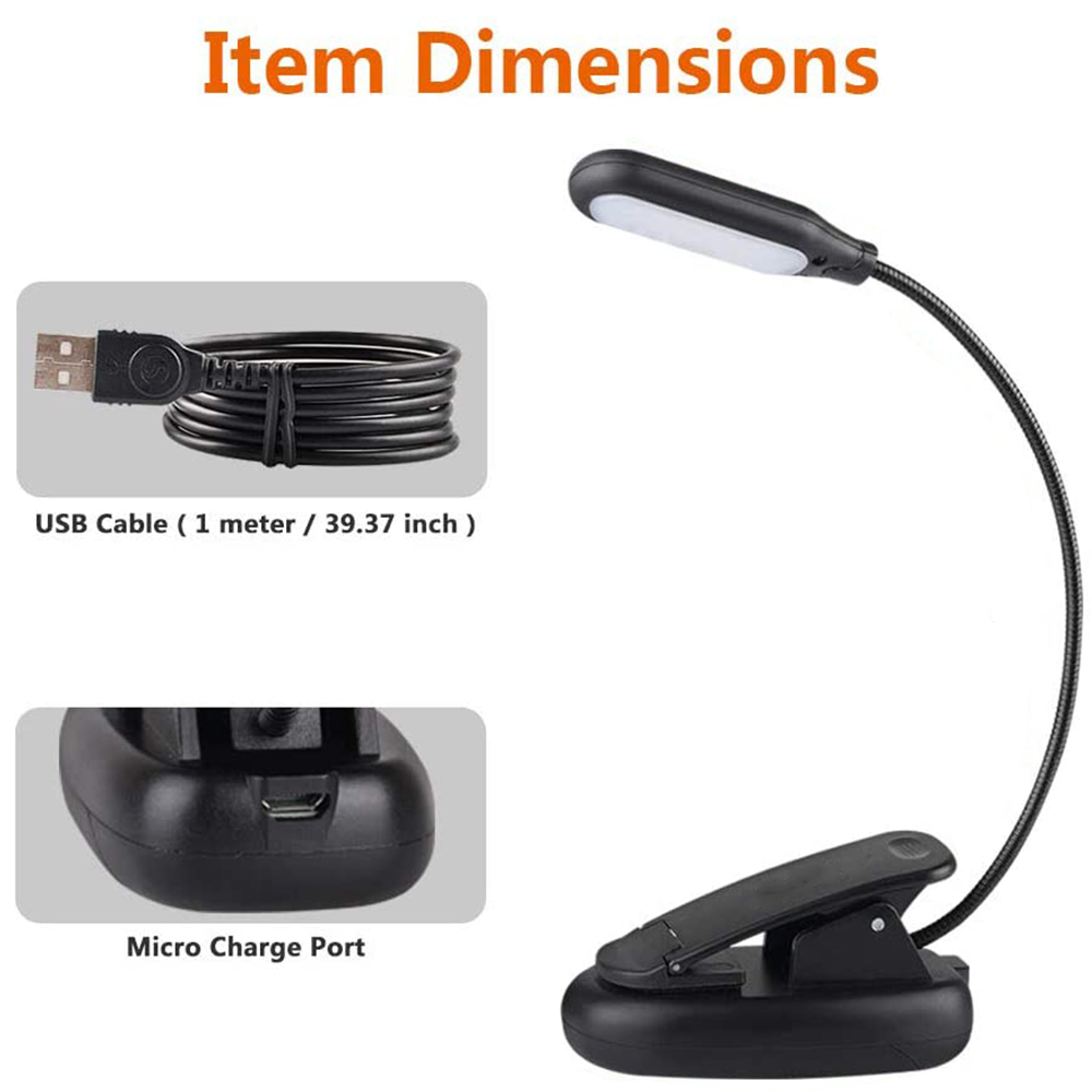 Eine schwarze Leselampe mit flexiblem Hals und Clip-Basis ist abgebildet. Daneben befinden sich USB-Kabel und Micro-Ladeanschluss. Text 'Artikelabmessungen'.