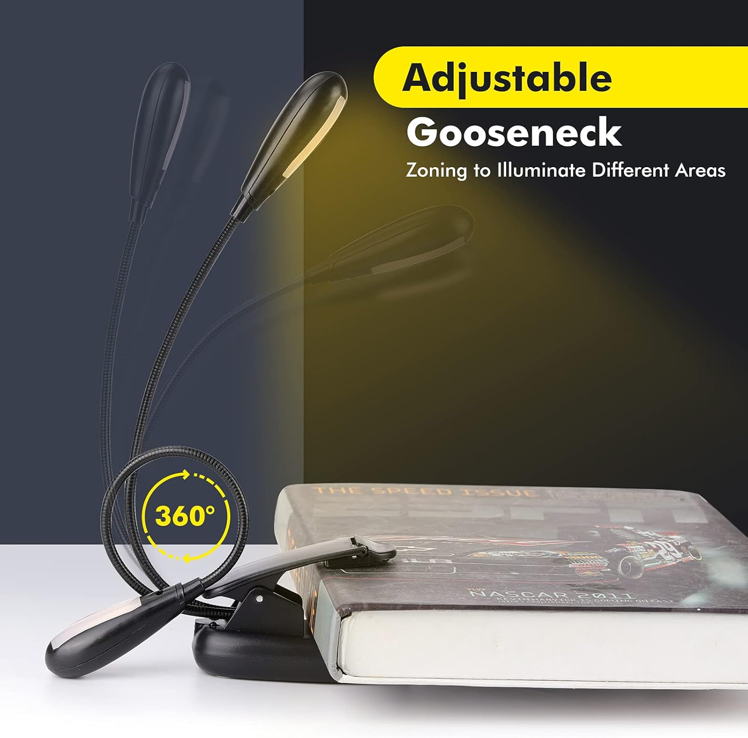 Eine schwarze, verstellbare LED-Schwanenhals-Buchlampe mit Clip beleuchtet ein Buch. Text: 'Adjustable Gooseneck' und 'NASCAR 2011'.