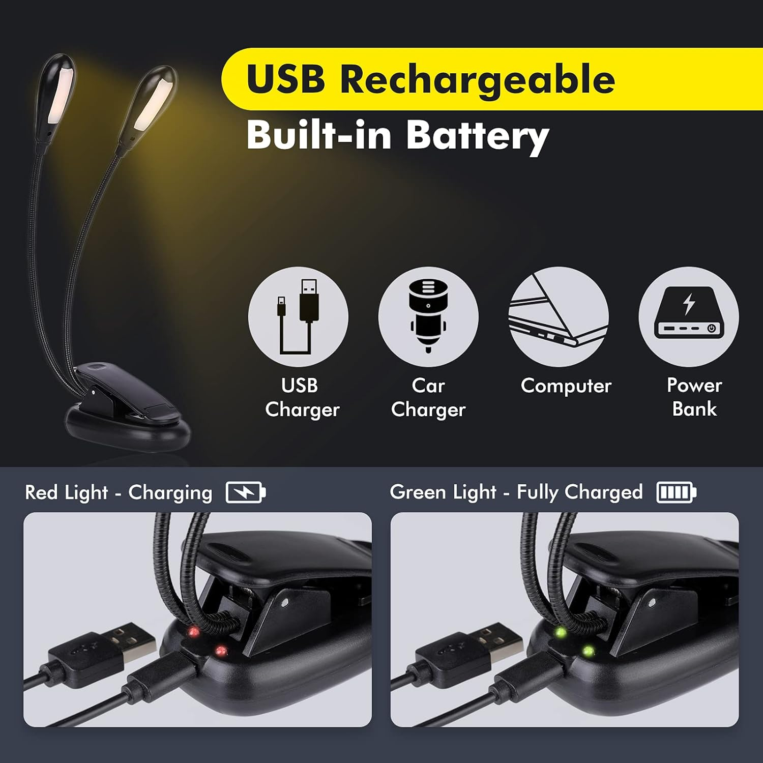 Ein wiederaufladbares USB-Buchlicht. Zeigt das Aufladen über rotes Licht und voll aufgeladen über grünes Licht an. Symbole für USB, Auto, Computer und Powerbank.