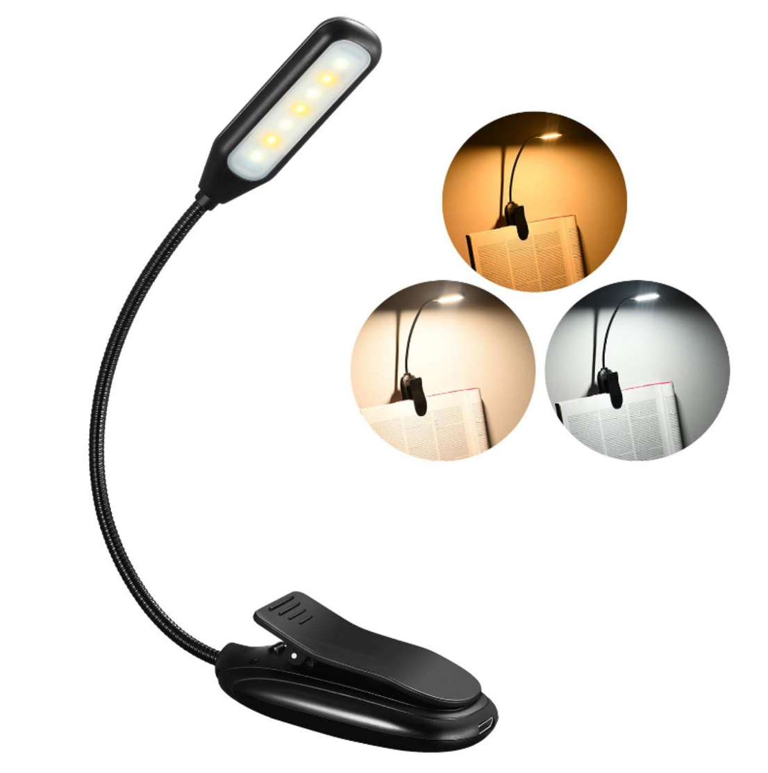 Eine schwarze LED-Leselampe. Sie hat einen Clip, einen flexiblen Hals und ein Licht mit mehreren LEDs. Es gibt drei Lichtvarianten.