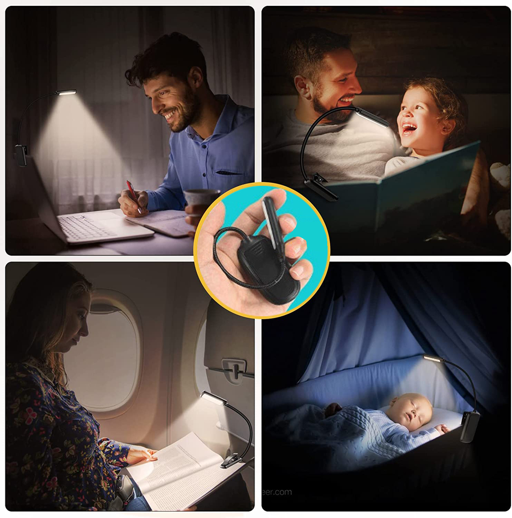Collage von vier Bildern. Menschen verwenden eine Clip-on-Lampe zum Lesen, Arbeiten an einem Laptop und für ein Babybett. Eine Fernbedienung ist gezeigt.