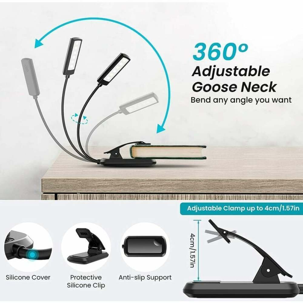 Eine flexible Leseleuchte mit Klemme, Buch und verstellbarem Hals. Merkmale sind Silikonhülle, Clip und Anti-Rutsch-Halterung.