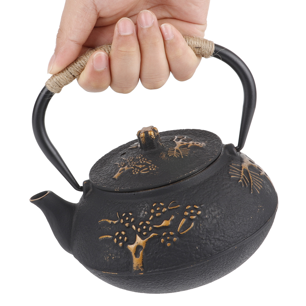 Eine Hand hält eine schwarze Teekanne mit einem geflochtenen Griff. Die Teekanne hat ein Blumendesign in Goldfarbe. Weißer Hintergrund.