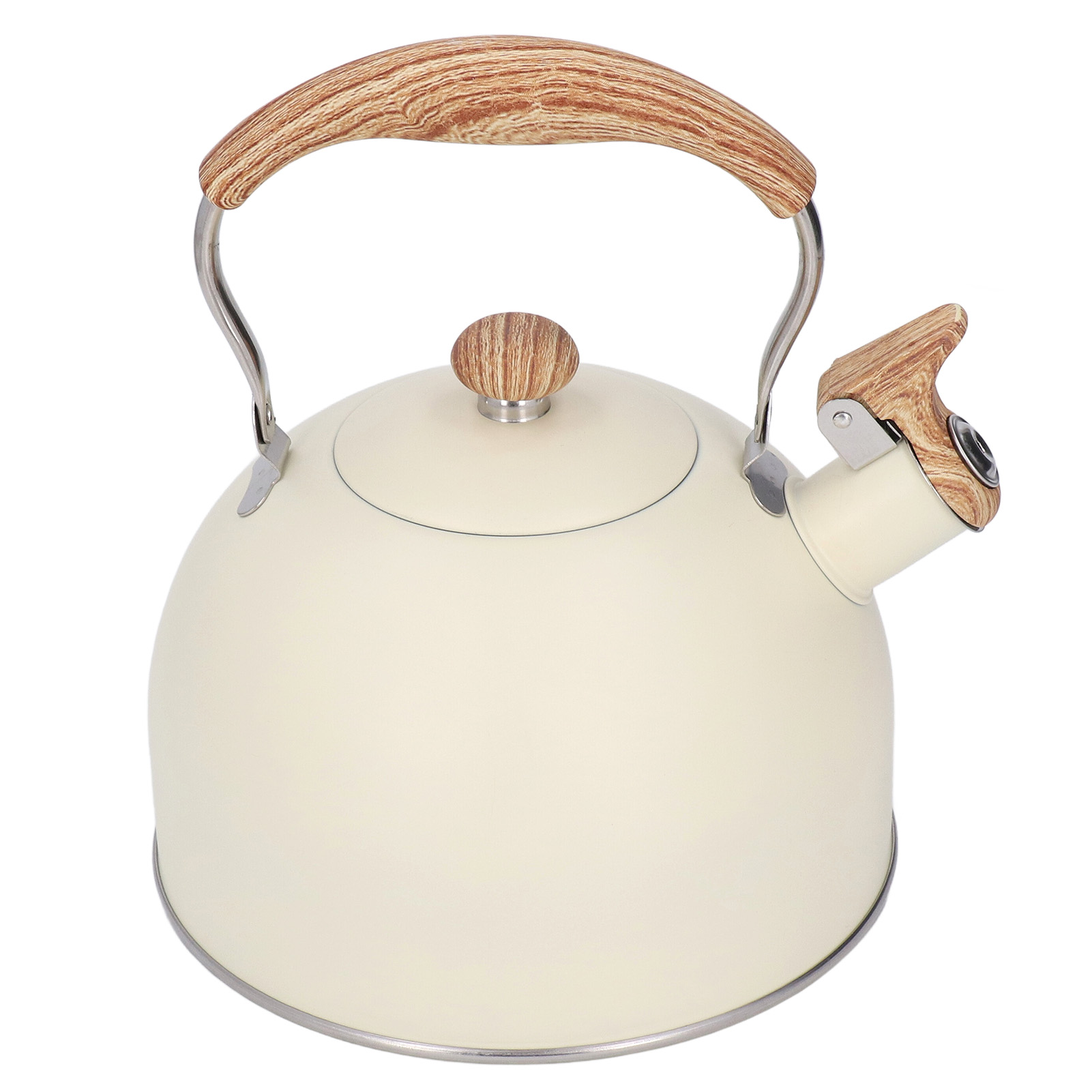 Eine cremefarbene Teekanne mit Holzgriff und Deckelknopf. Ein Holzausguss und silberne Akzente vervollständigen das Design.