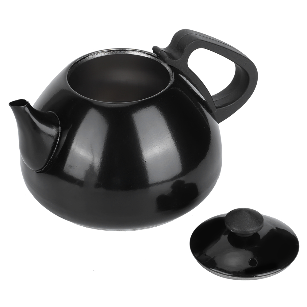Eine glänzende, schwarze Teekanne mit passendem Deckel auf weißem Hintergrund. Die Teekanne hat einen Griff und einen Ausguss.