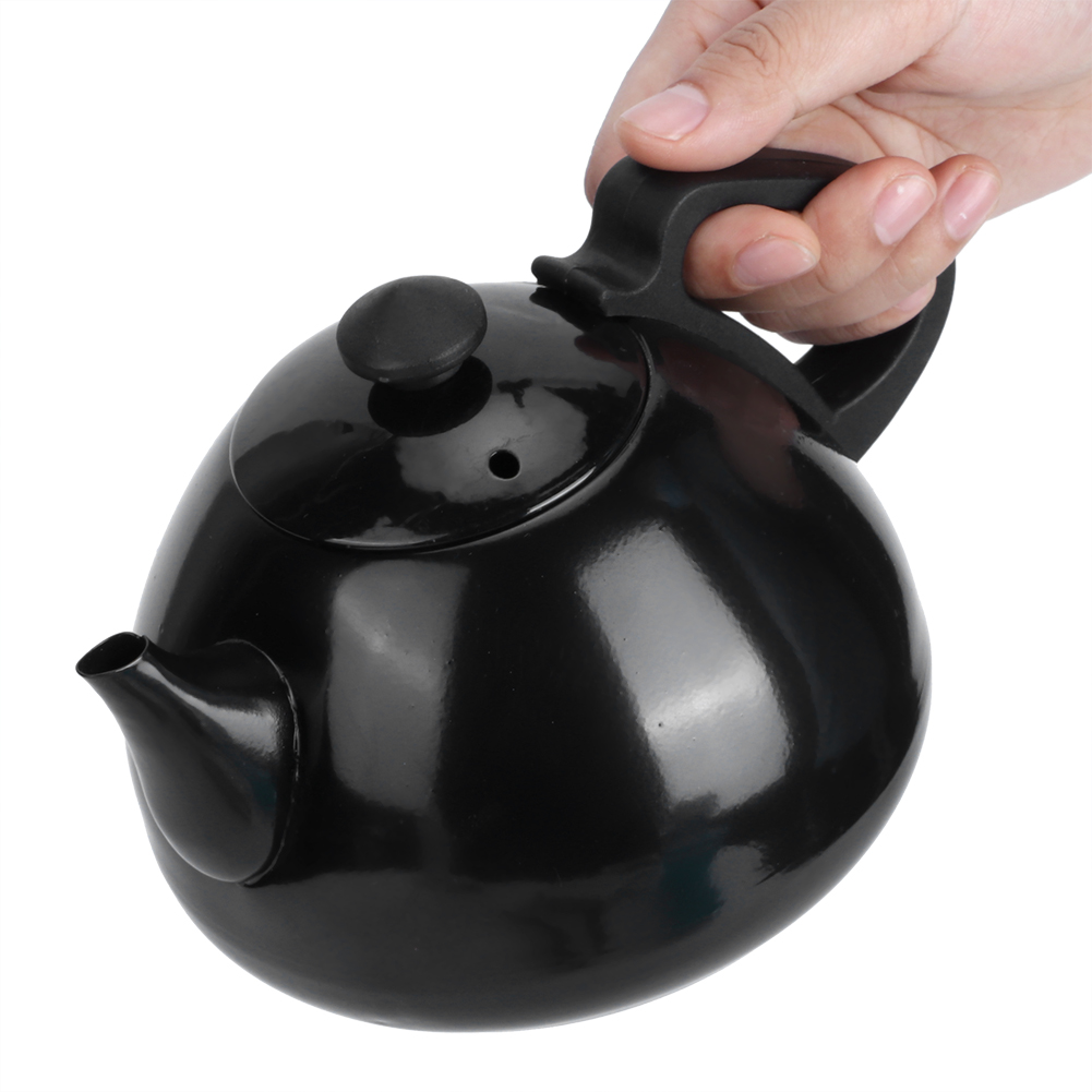 Eine Hand hält eine schwarze Teekanne mit rundem Körper und Ausguss. Die Teekanne hat einen Henkel und einen Deckel mit Knauf. Weißer Hintergrund.