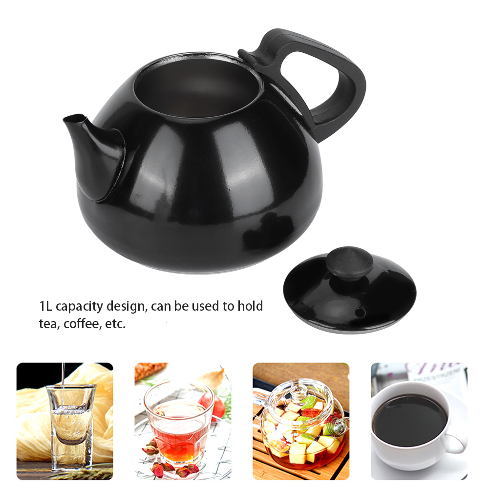 Eine schwarze Teekanne mit Deckel auf weißem Grund. Darunter Bilder von Getränken: Wasser, Tee, ein Fruchtaufguss und Kaffee.