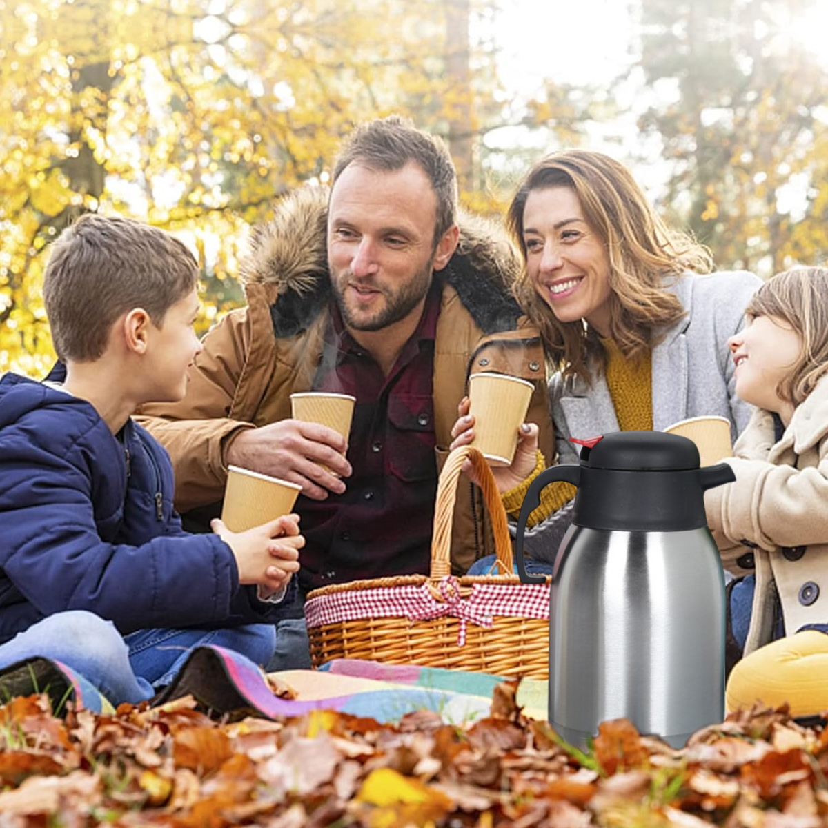 Familienpicknick im Herbst. Menschen halten Tassen, eine Thermoskanne und einen Korb auf einer Decke. Herbstlaub umgibt sie.