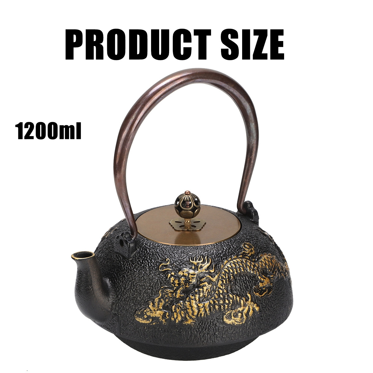 Eine schwarze gusseiserne Teekanne mit bronzefarbenem Griff, Deckel und Drachendesign. Liest sich 'PRODUCT SIZE' und '1200ml'.