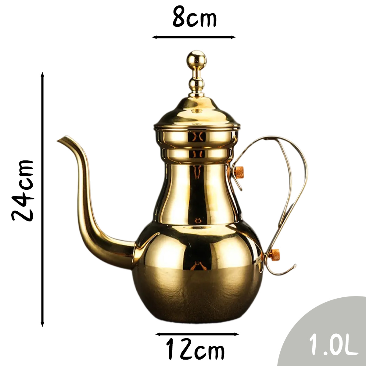 Goldene Metall-Teekanne mit langem Ausguss, Henkel und Deckel. Abmessungen: 24 cm hoch, 12 cm breit, 8 cm oben, 1,0 l Fassungsvermögen.