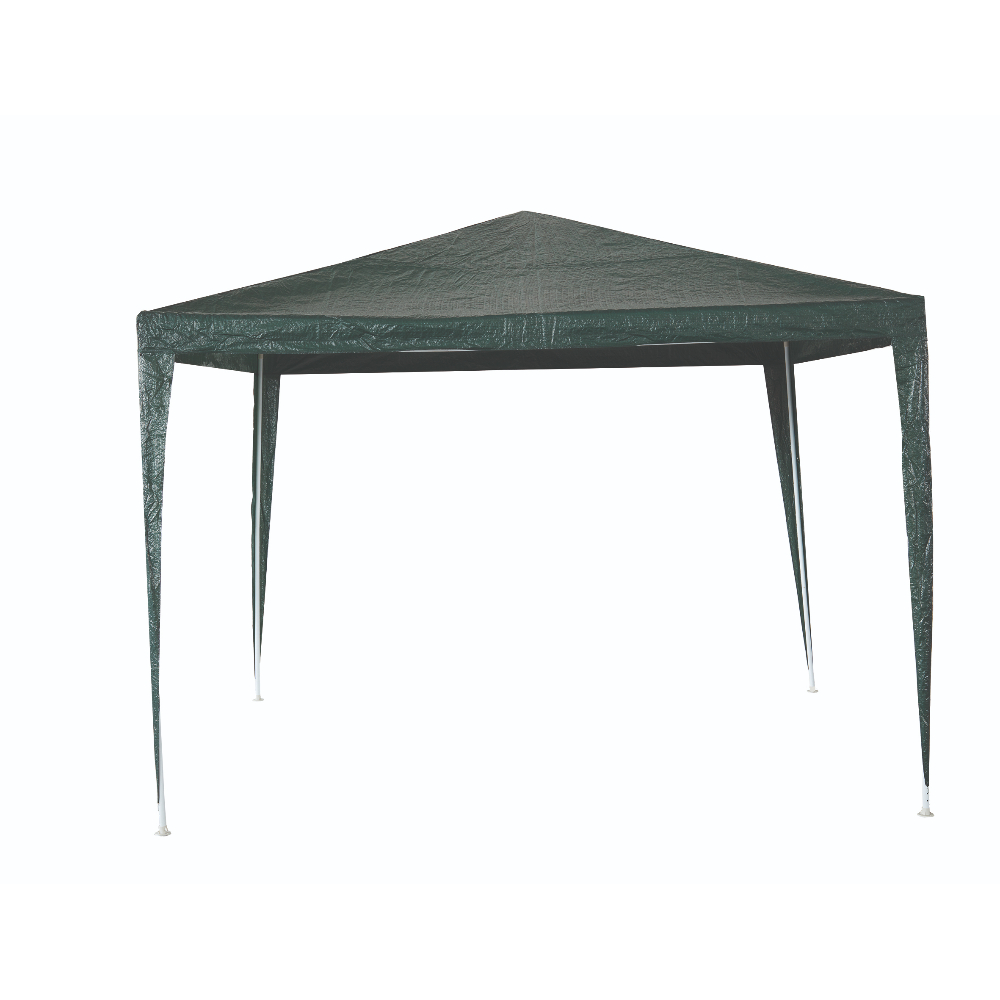 Un gazebo verde con tetto triangolare su sfondo bianco. Il gazebo ha quattro gambe ed è vuoto.