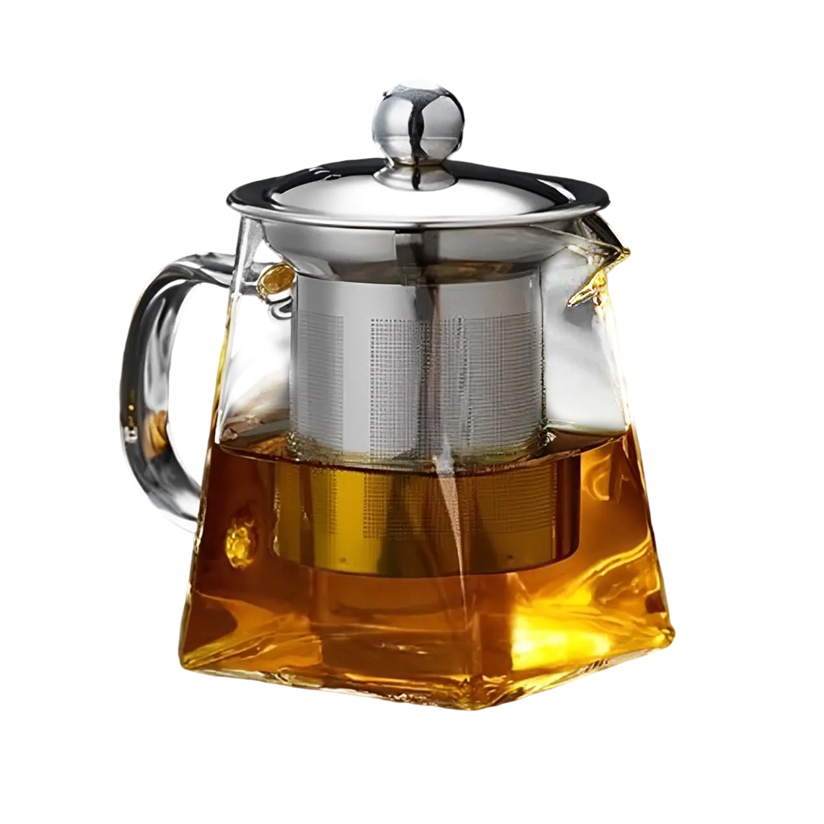 Eine klare Glasteekanne mit einem Metalleinsatz und Deckel, gefüllt mit bernsteinfarbenem Tee. Der Griff ist aus Glas.